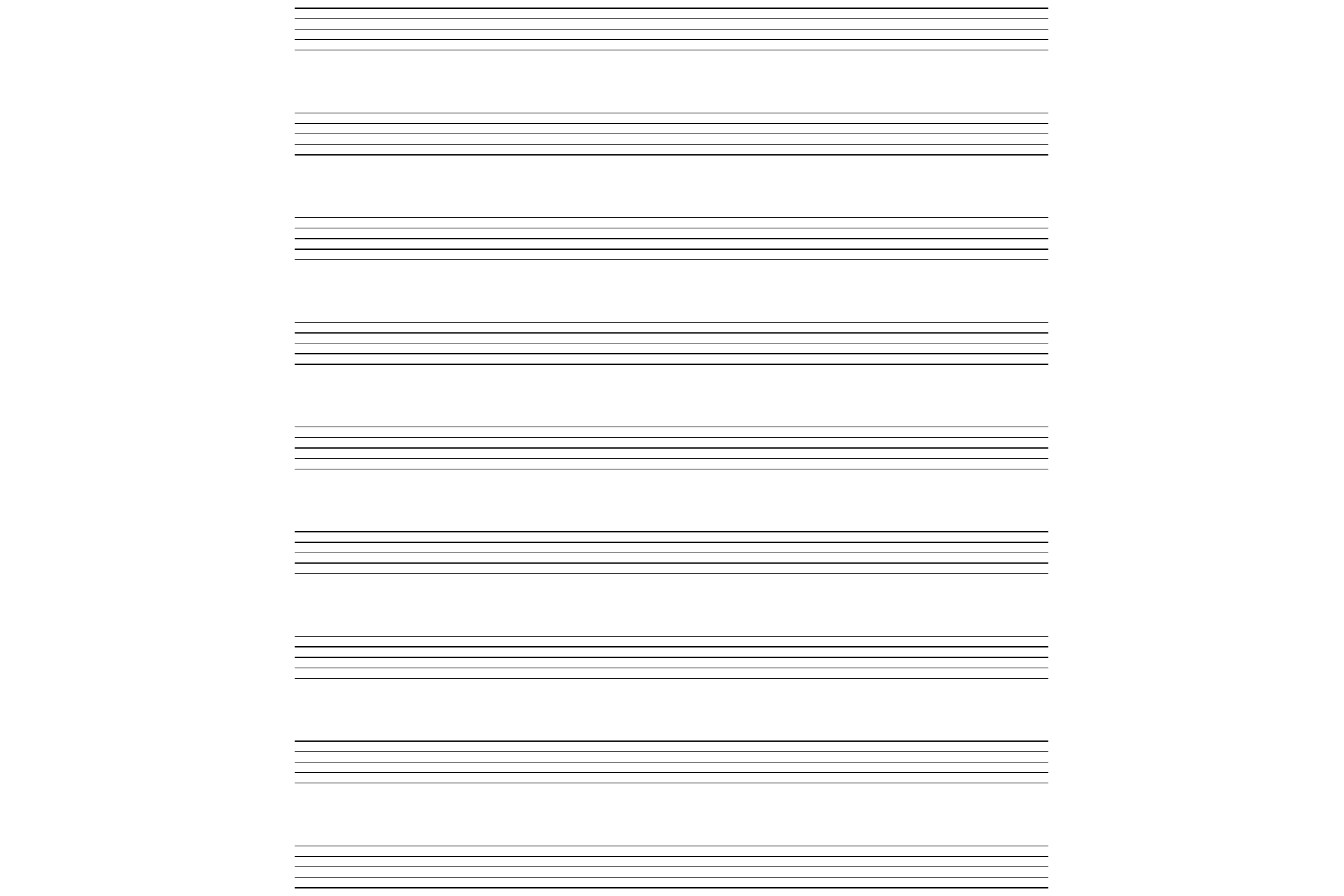 Blank music staff paper with evenly spaced five-line staves, in black and white.
