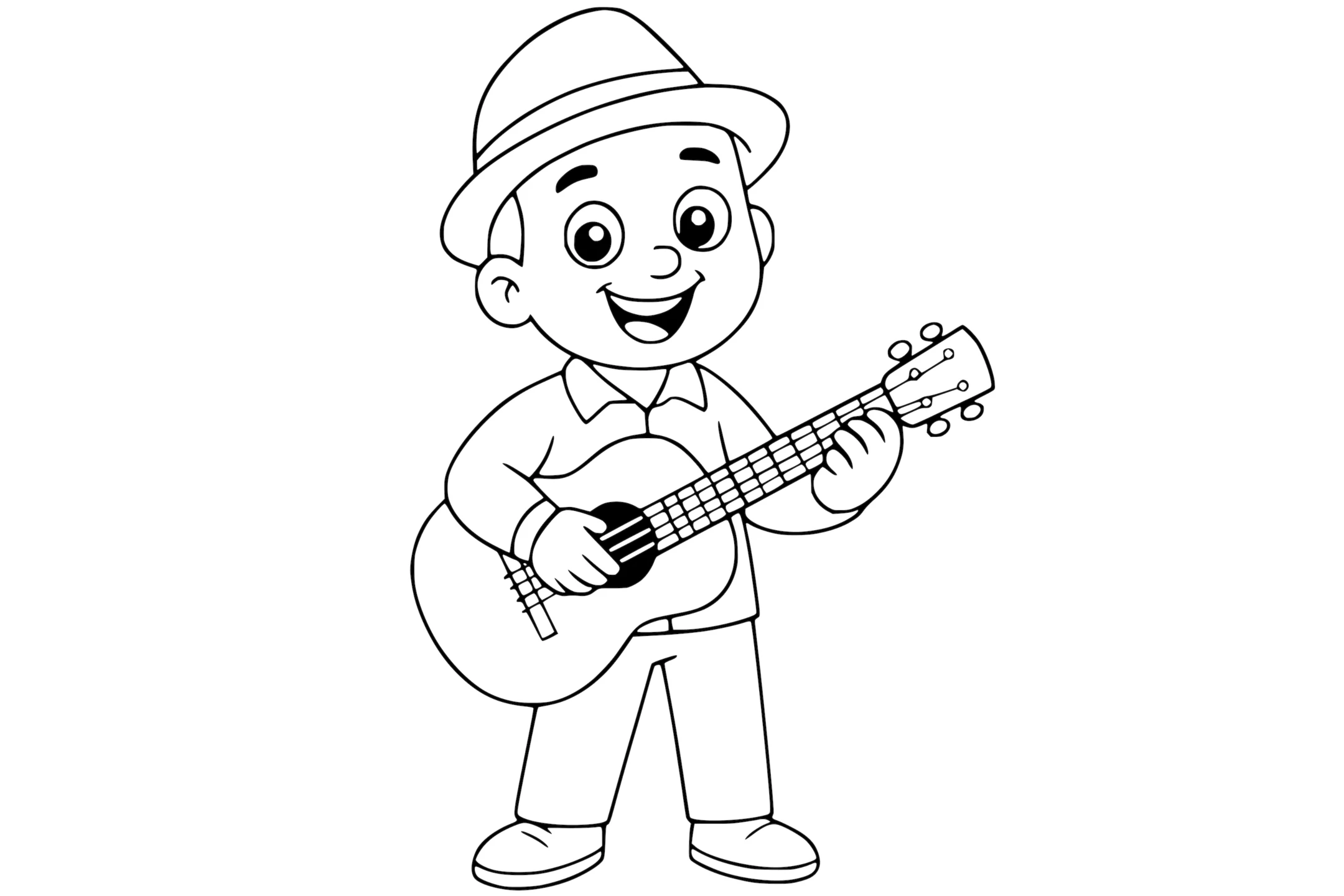 Musician smiling and playing a guitar, wearing a hat and shirt with both hands on the instrument.