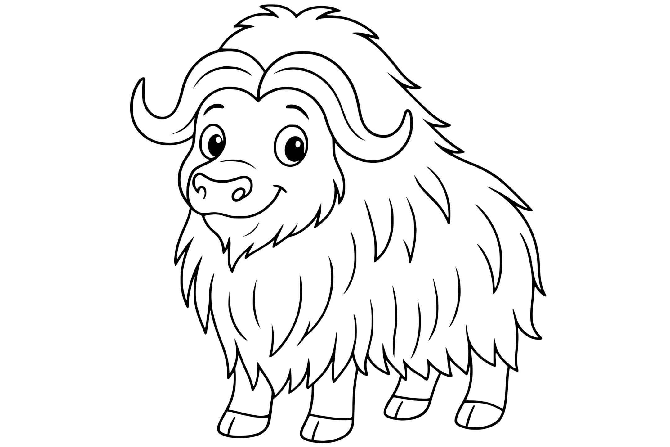 Musk Ox with curved horns, shaggy fur, short legs, and a large nose.