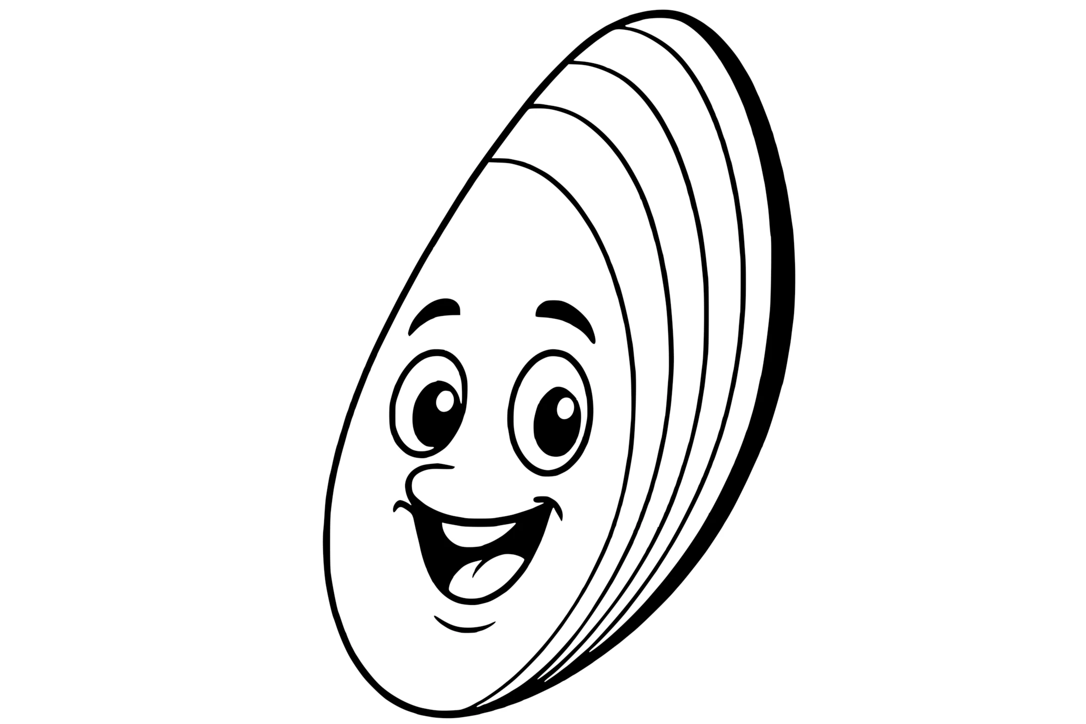 Mussel with big eyes, a wide smiling mouth, and curved shell lines.