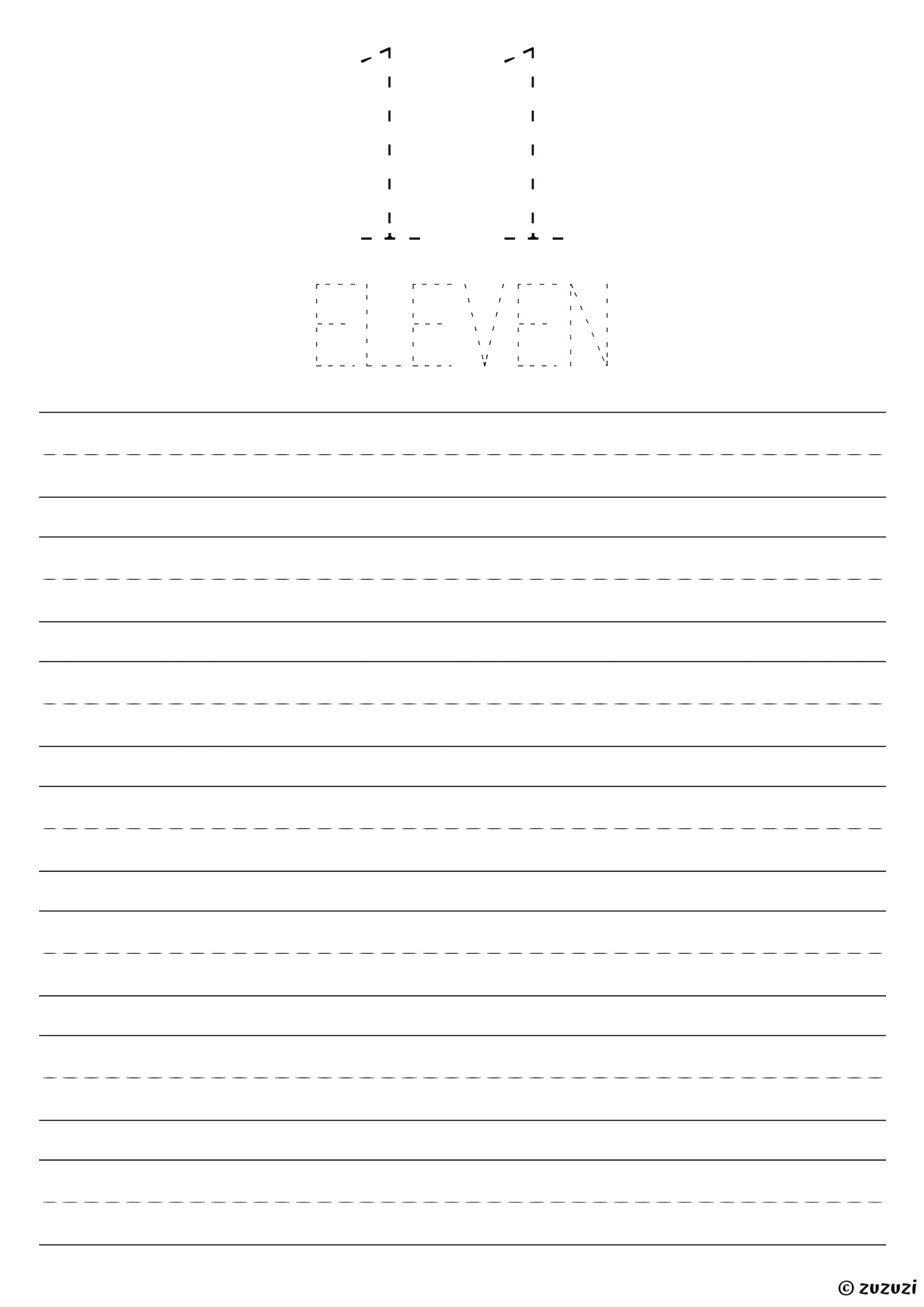 Tracing worksheet for the number eleven with a large dotted numeral and the word 'eleven' in dotted letters above multiple blank practice lines.
