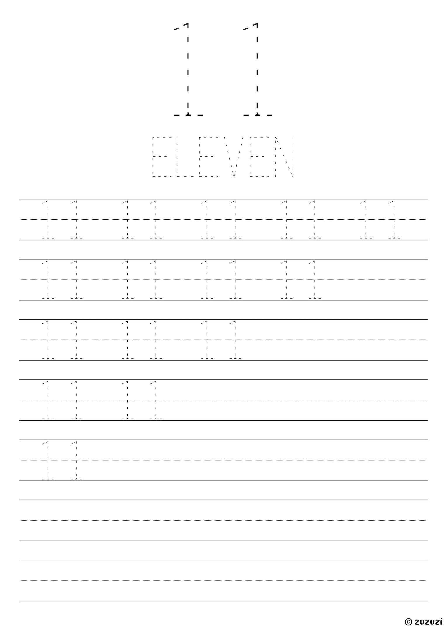 Tracing worksheet for the number eleven with a large dotted numeral, the word 'eleven' in dotted letters, and several rows of dotted digit 11s with practice lines below.