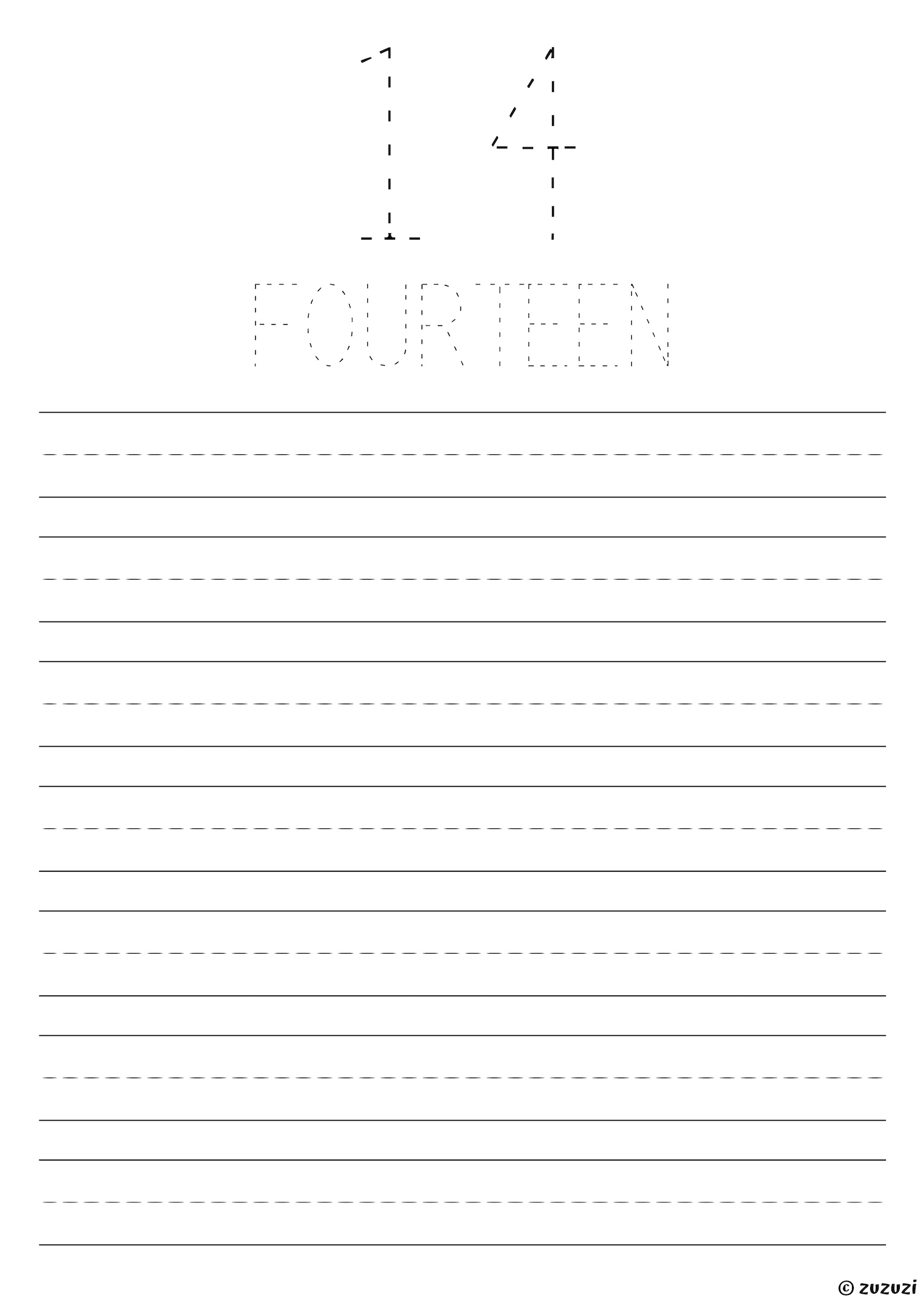 Tracing worksheet for the number fourteen with a large dotted numeral and the word 'fourteen' in dotted letters above multiple blank practice lines.