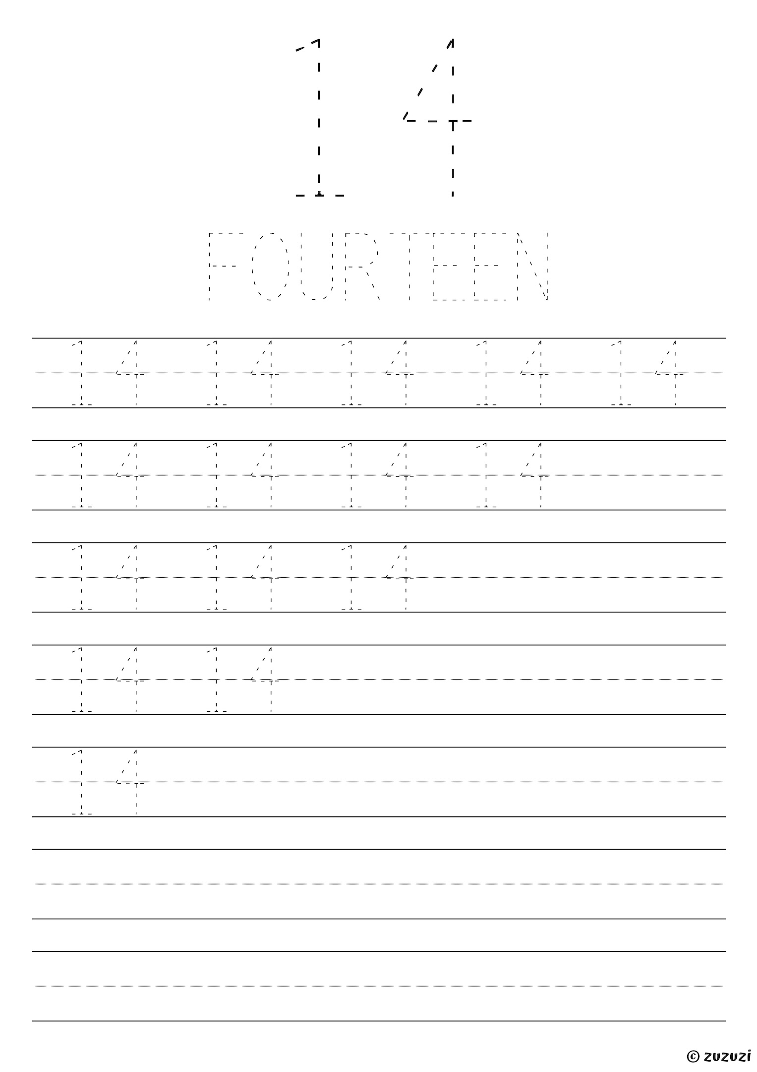 Tracing worksheet for the number fourteen with a large dotted numeral, the word 'fourteen' in dotted letters, and several rows of dotted digit 14s with practice lines below.