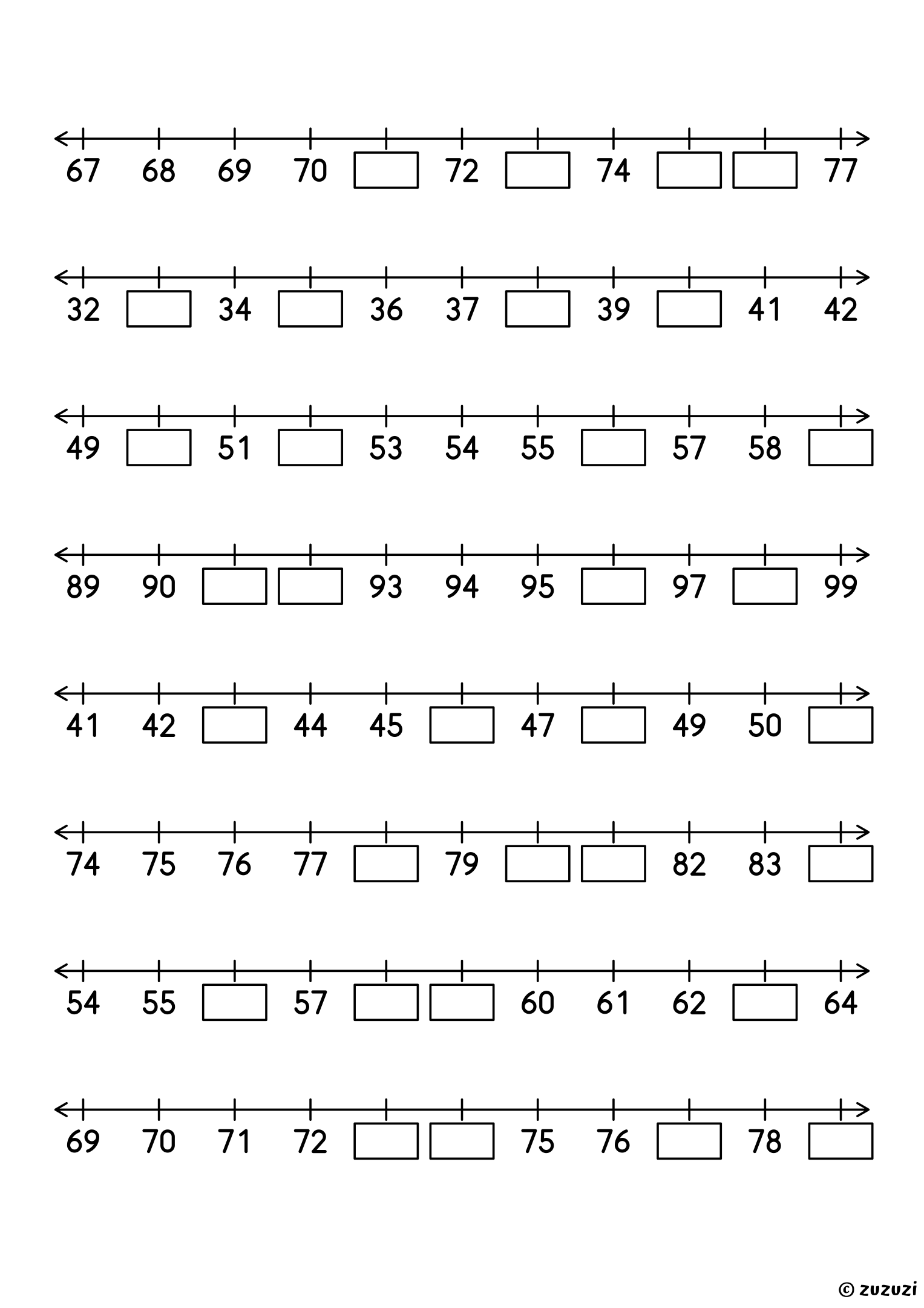 Worksheet with eight number lines counting by ones up to 100, each with eleven numbers, four of them missing, to write in the boxes.