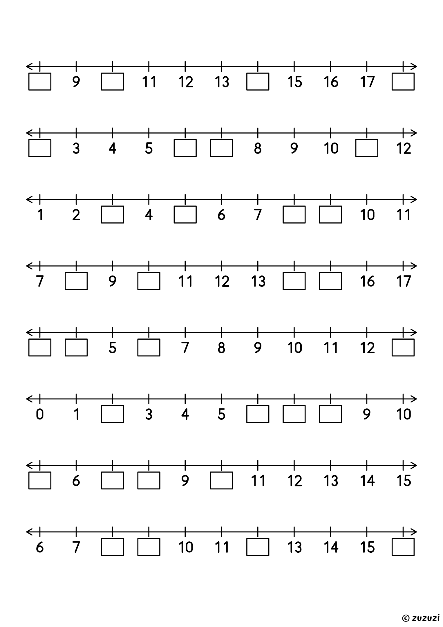 Worksheet with eight number lines counting by ones up to 20, each with eleven numbers, four of them missing, to write in the boxes.