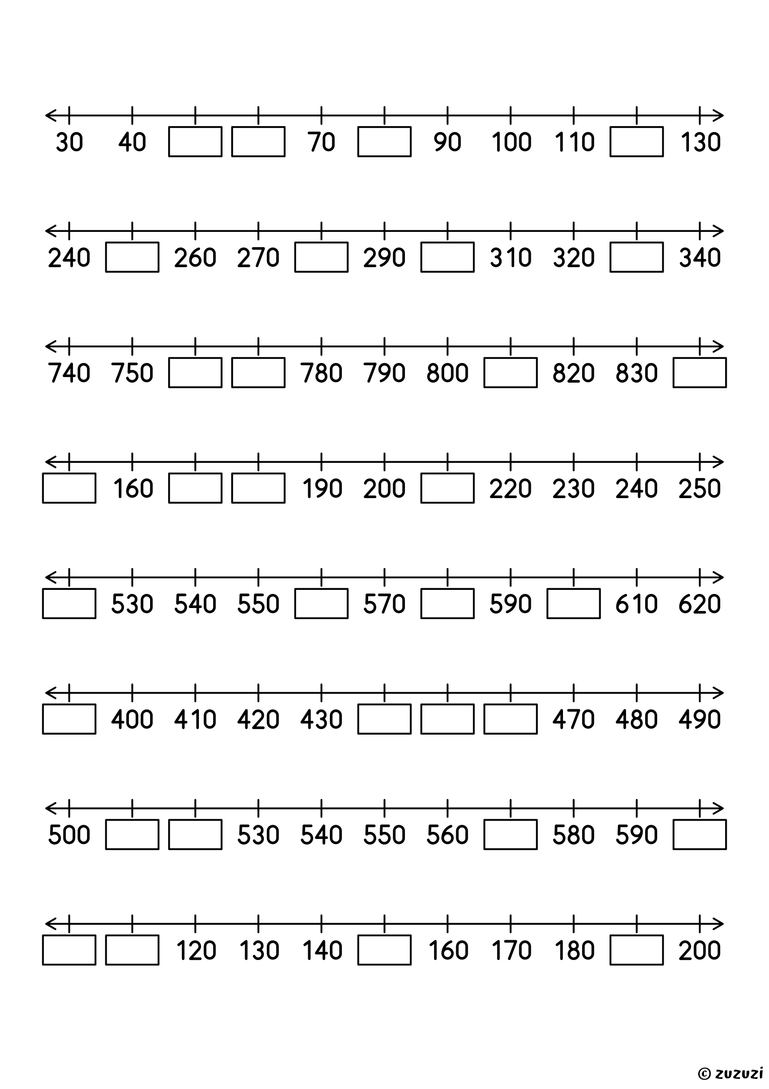 Worksheet with eight number lines counting by tens up to 1,000, each with eleven numbers, four of them missing, to write in the boxes.