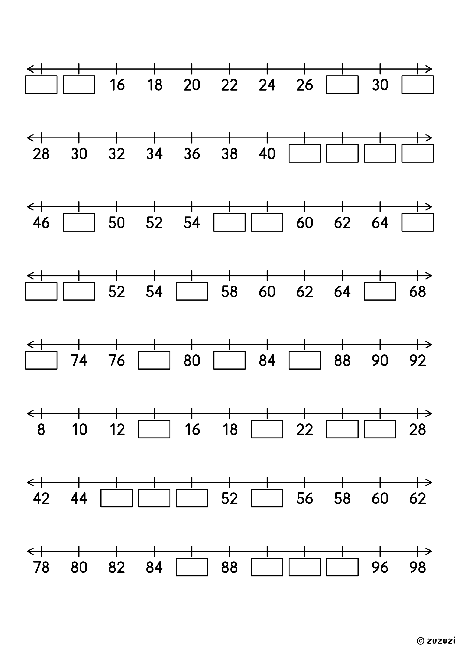 Worksheet with eight number lines counting by twos up to 100, each with eleven numbers, four of them missing, to write in the boxes.