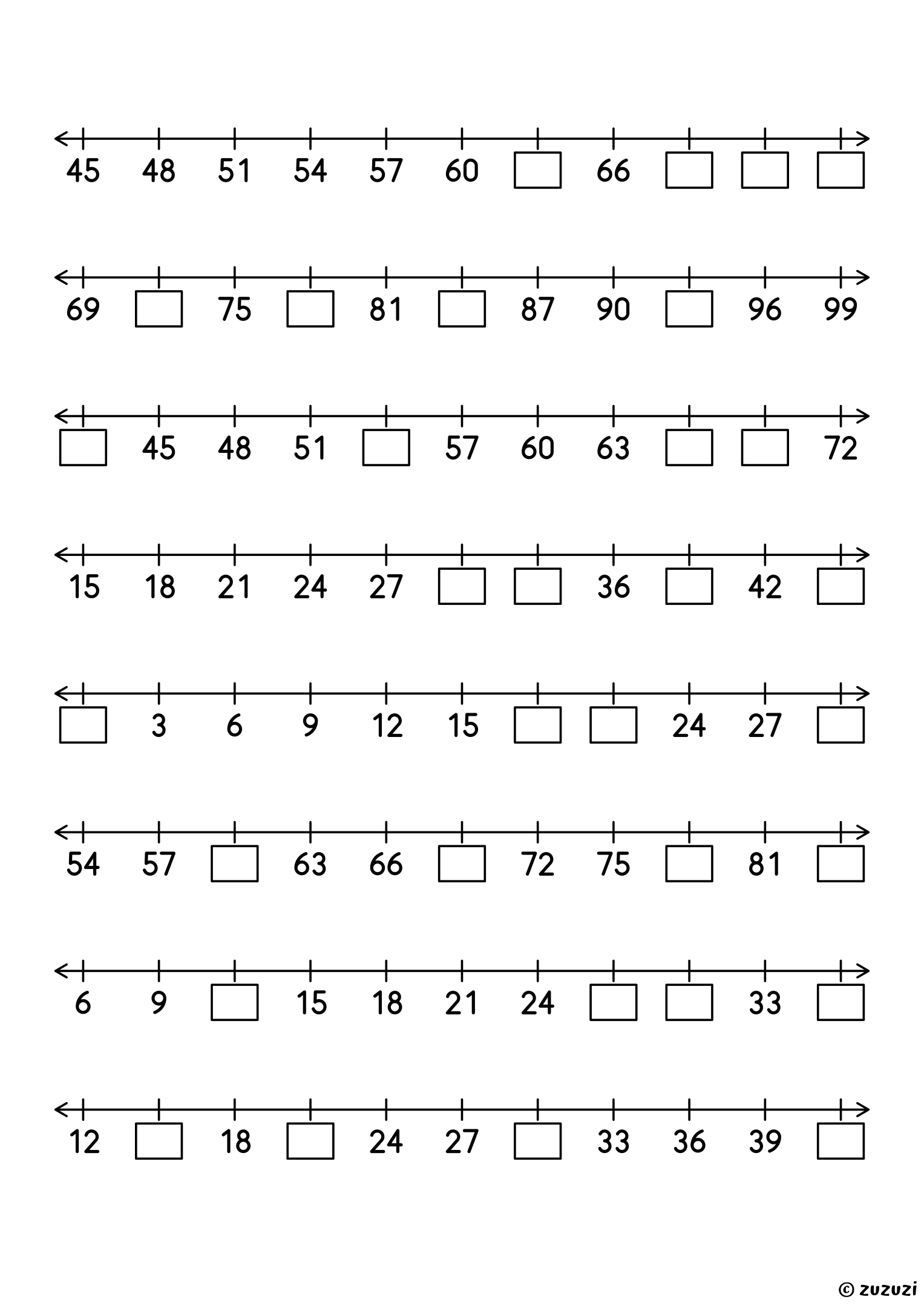 Worksheet with eight number lines counting by threes up to 100, each with eleven numbers, four of them missing, to write in the boxes.