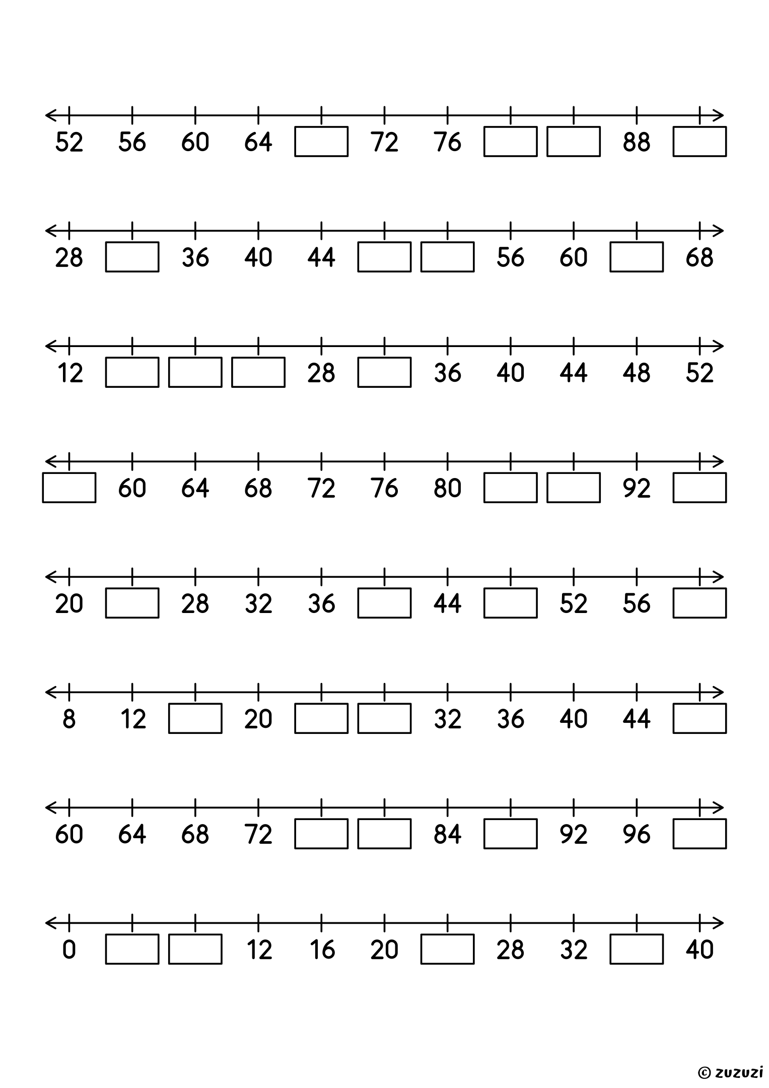 Worksheet with eight number lines counting by fours up to 100, each with eleven numbers, four of them missing, to write in the boxes.