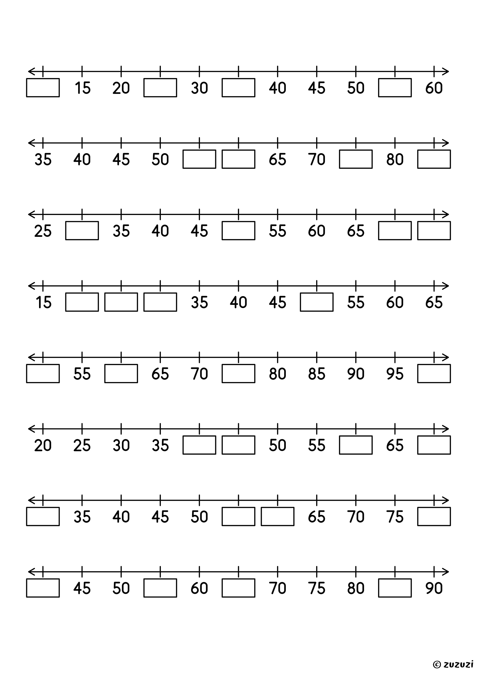 Worksheet with eight number lines counting by fives up to 100, each with eleven numbers, four of them missing, to write in the boxes.