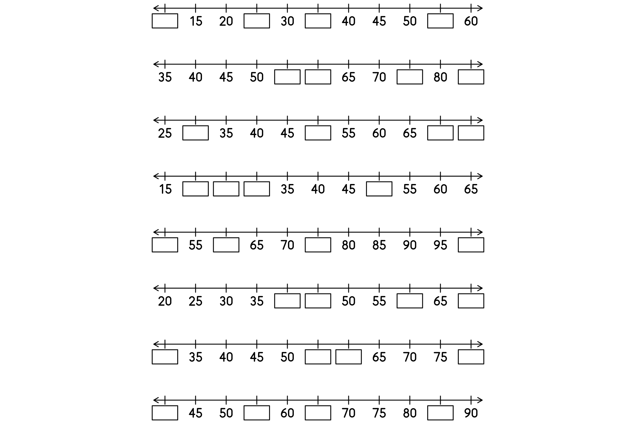 A number line worksheet with numbered lines and empty boxes for the missing numbers, in black and white.