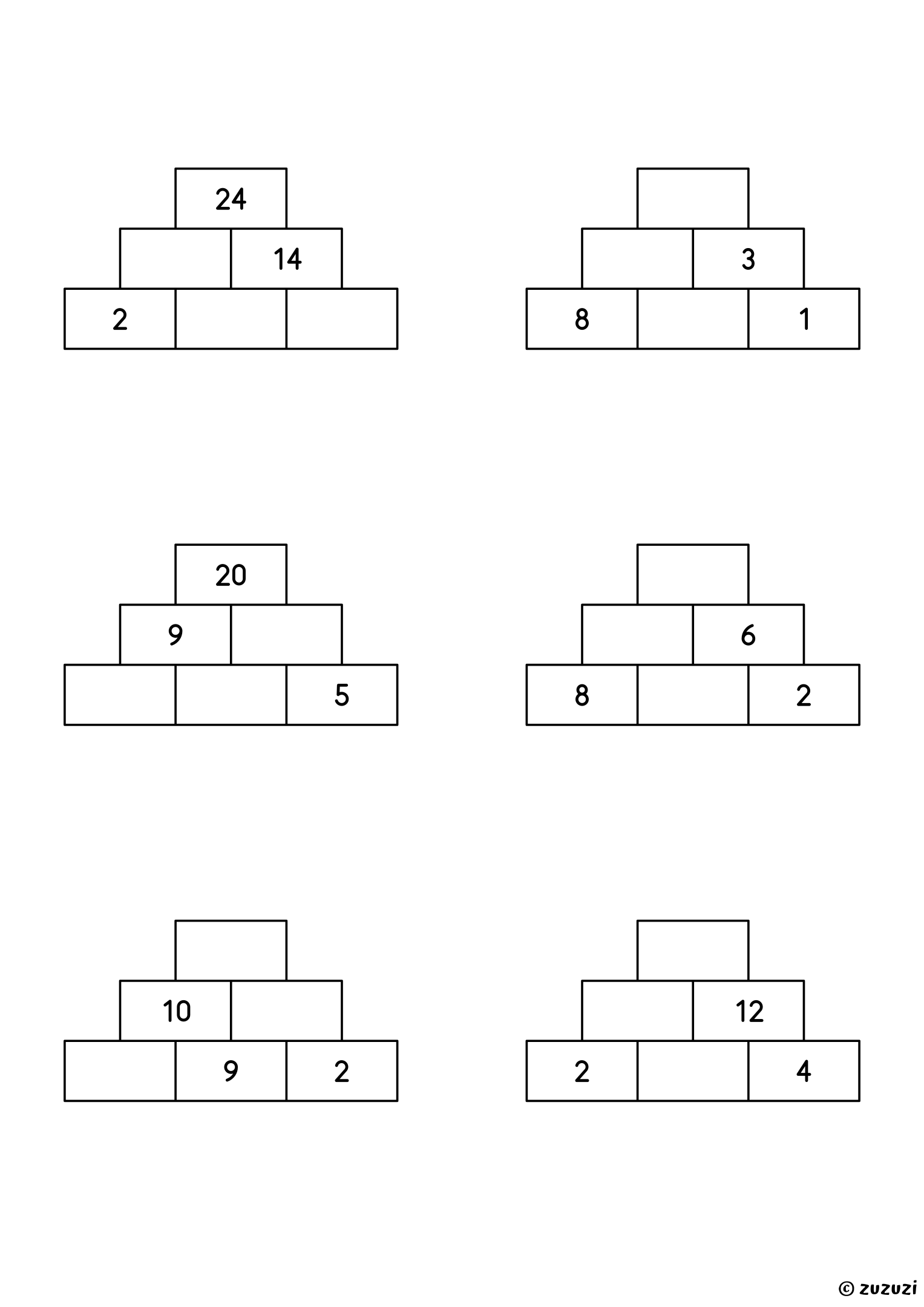 Worksheet with six number pyramids of 3 rows, each with three bricks given here and there, to complete by adding and subtracting.