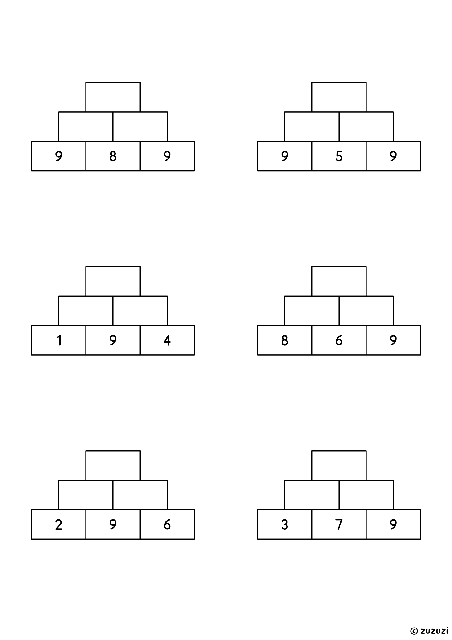 Worksheet with six number pyramids of 3 rows, each with its bottom row given, to complete by adding up to the top.