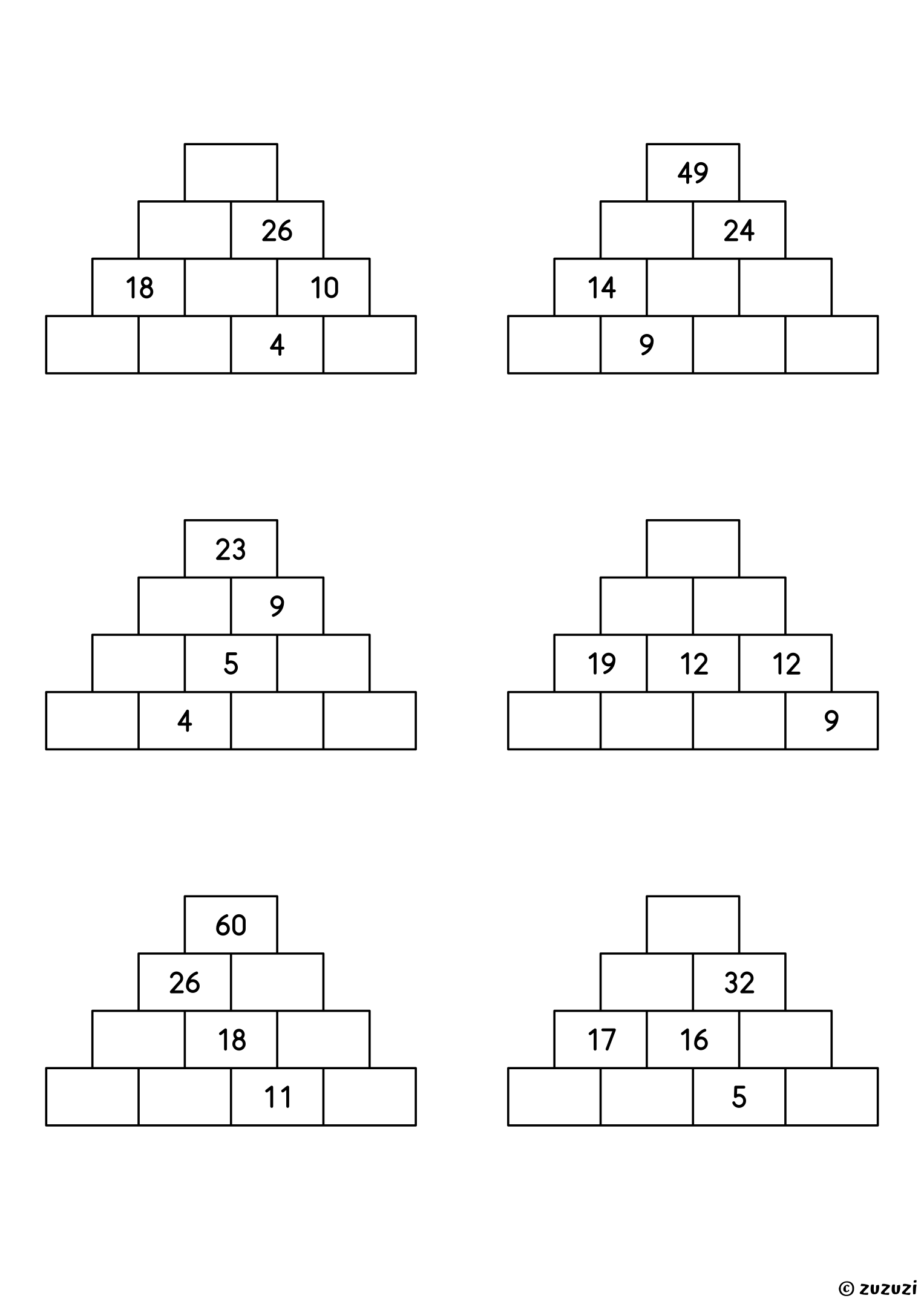 Worksheet with six number pyramids of 4 rows, each with four bricks given here and there, to complete by adding and subtracting.