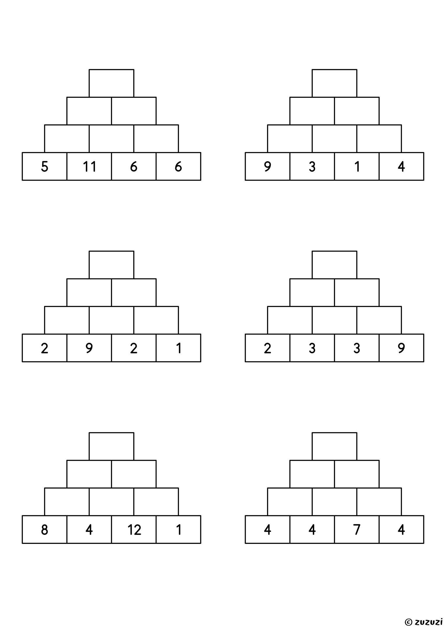 Worksheet with six number pyramids of 4 rows, each with its bottom row given, to complete by adding up to the top.