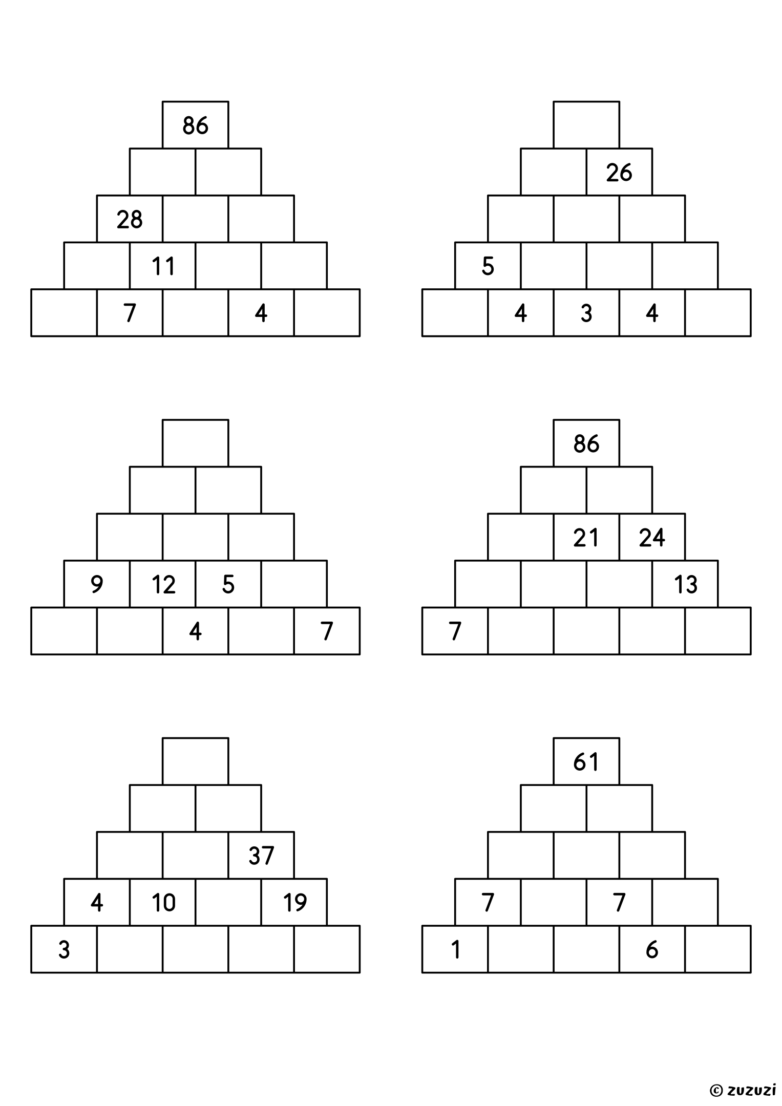 Worksheet with six number pyramids of 5 rows, each with five bricks given here and there, to complete by adding and subtracting.