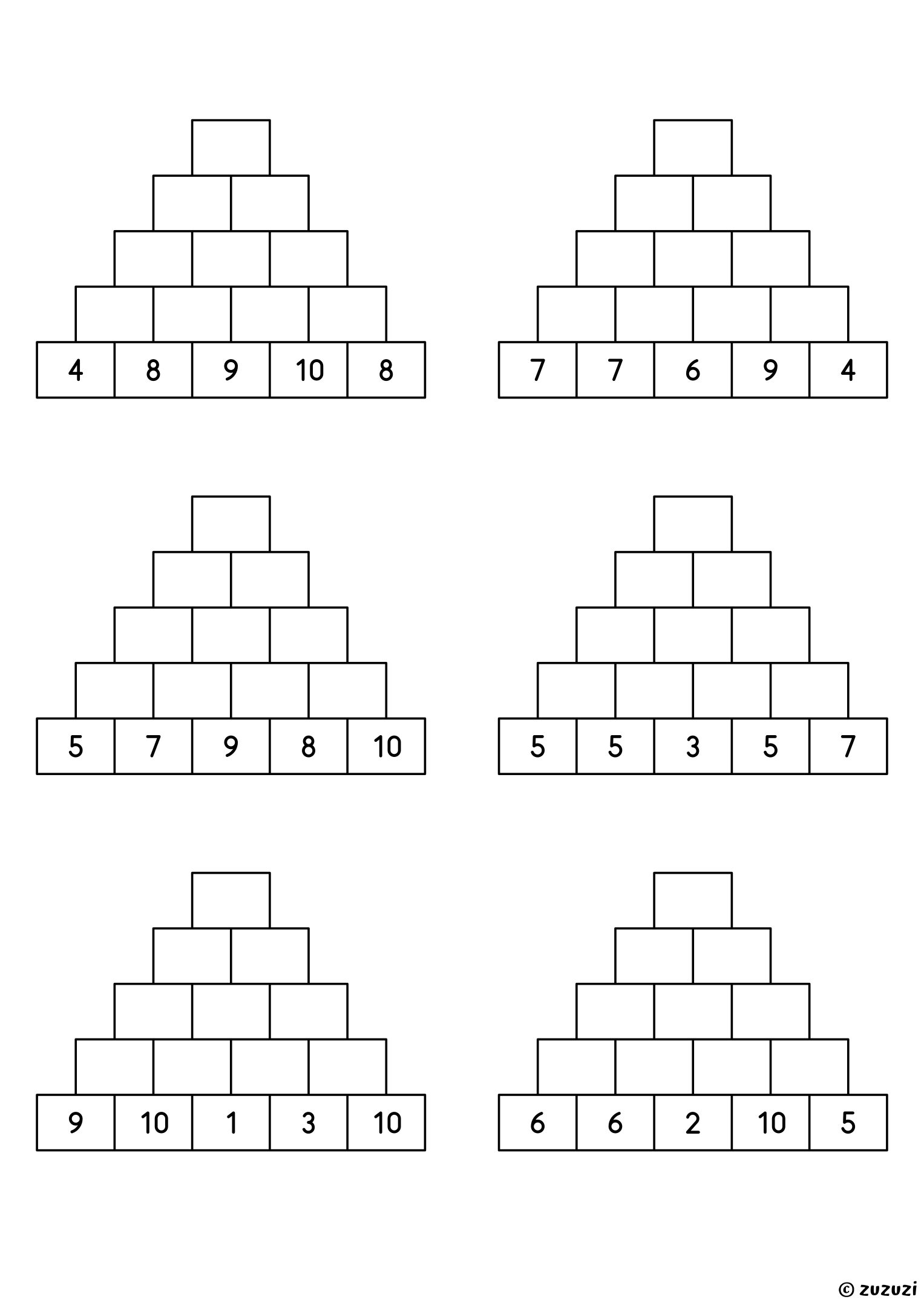 Worksheet with six number pyramids of 5 rows, each with its bottom row given, to complete by adding up to the top.