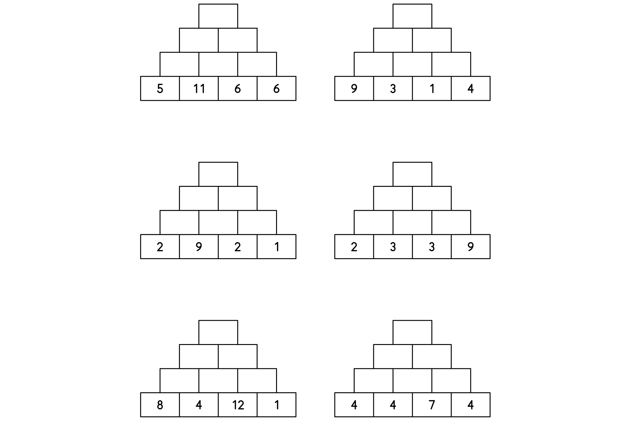 A number pyramid worksheet with pyramids of bricks and empty bricks to fill, in black and white.