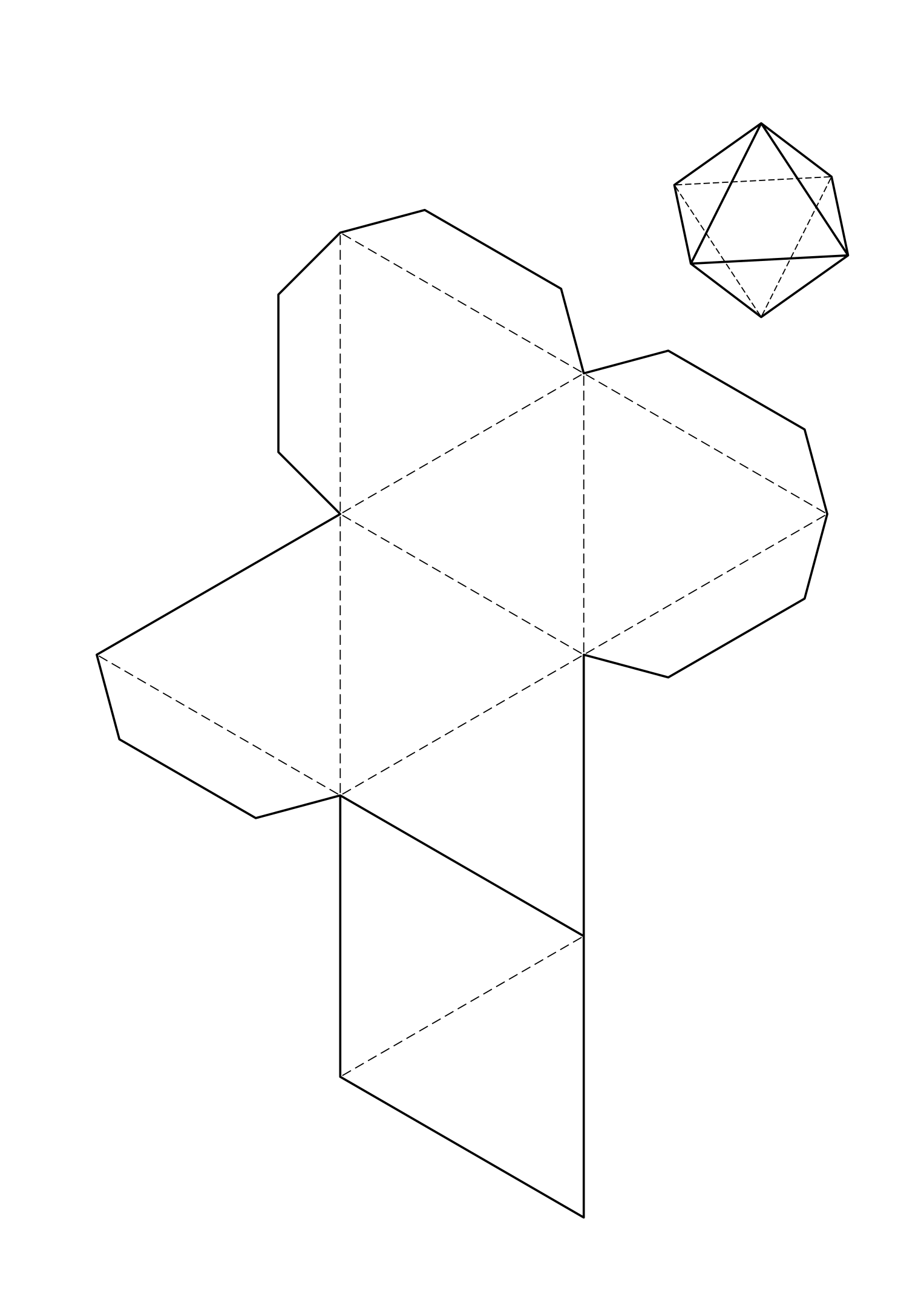 Octahedron net: eight triangles, four of them meeting at every corner of the finished solid.