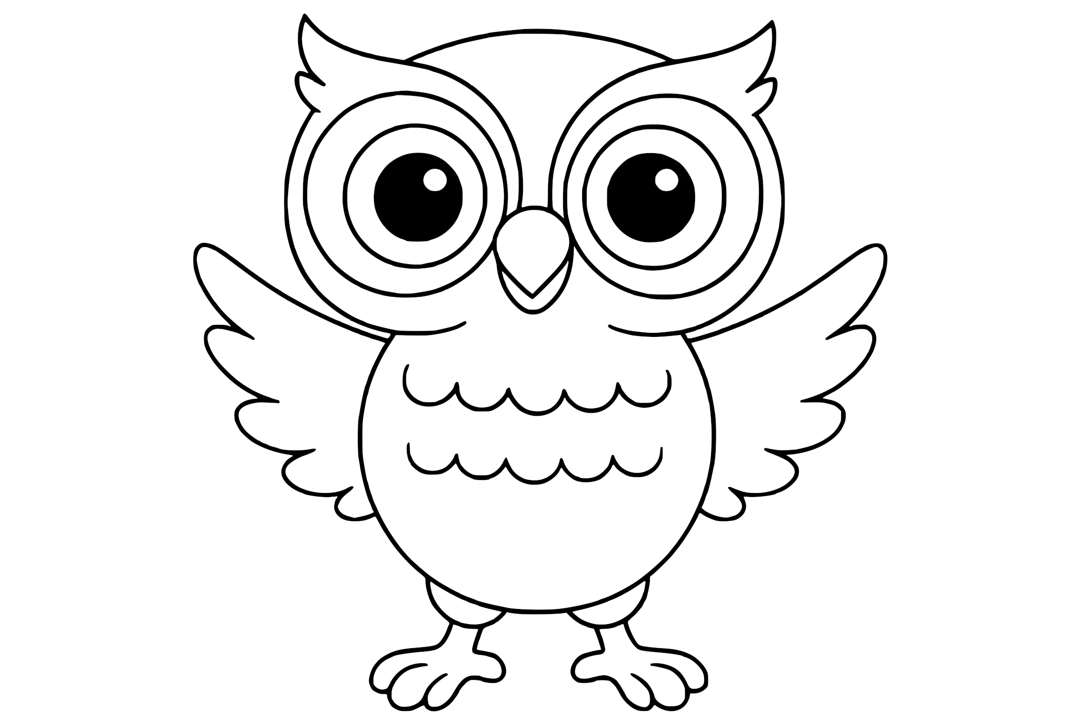 Owl with big round eyes, a small beak, feather patterns on its belly, and perched feet.