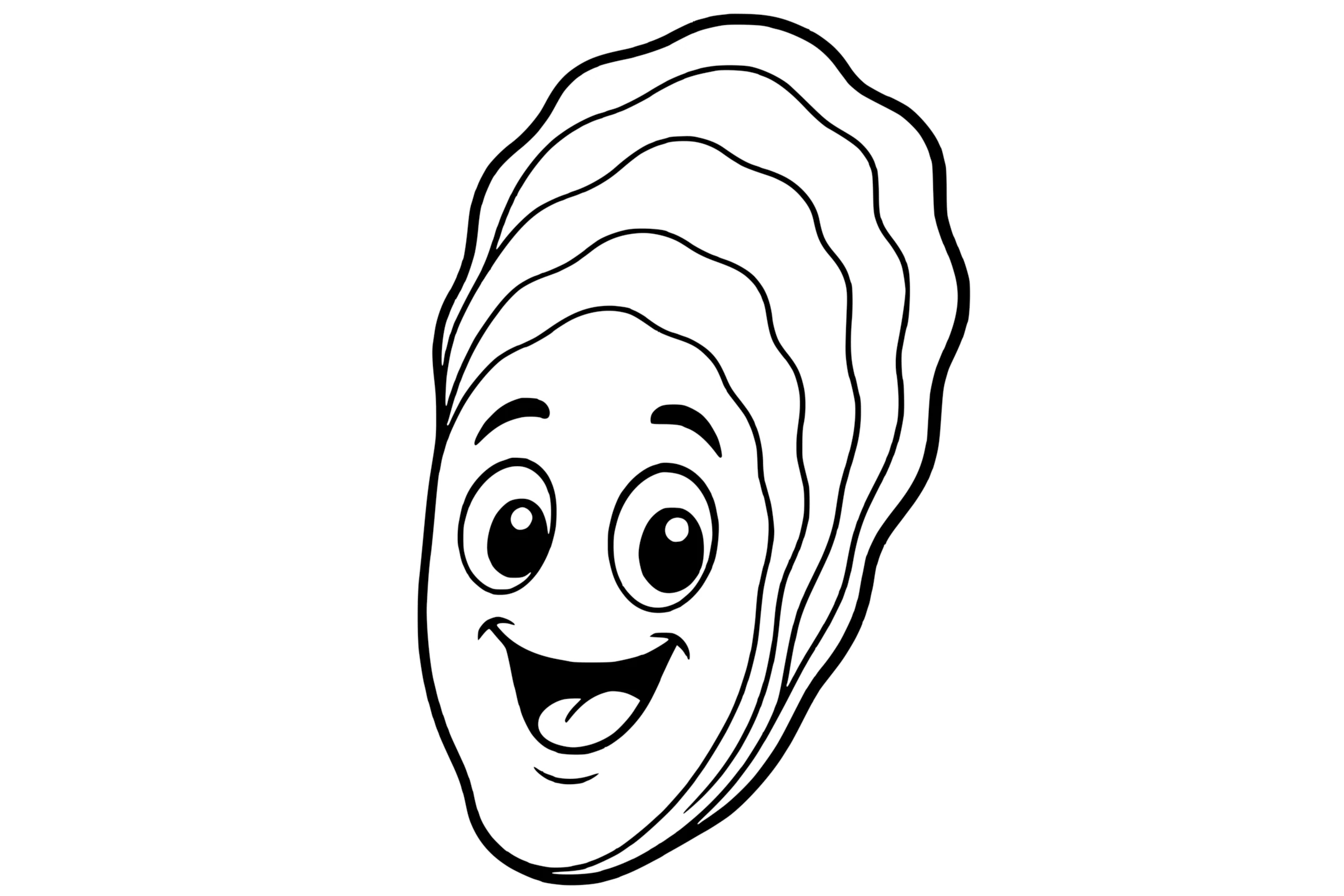 Oyster with large eyes, a wide smiling mouth, and wavy shell layers.