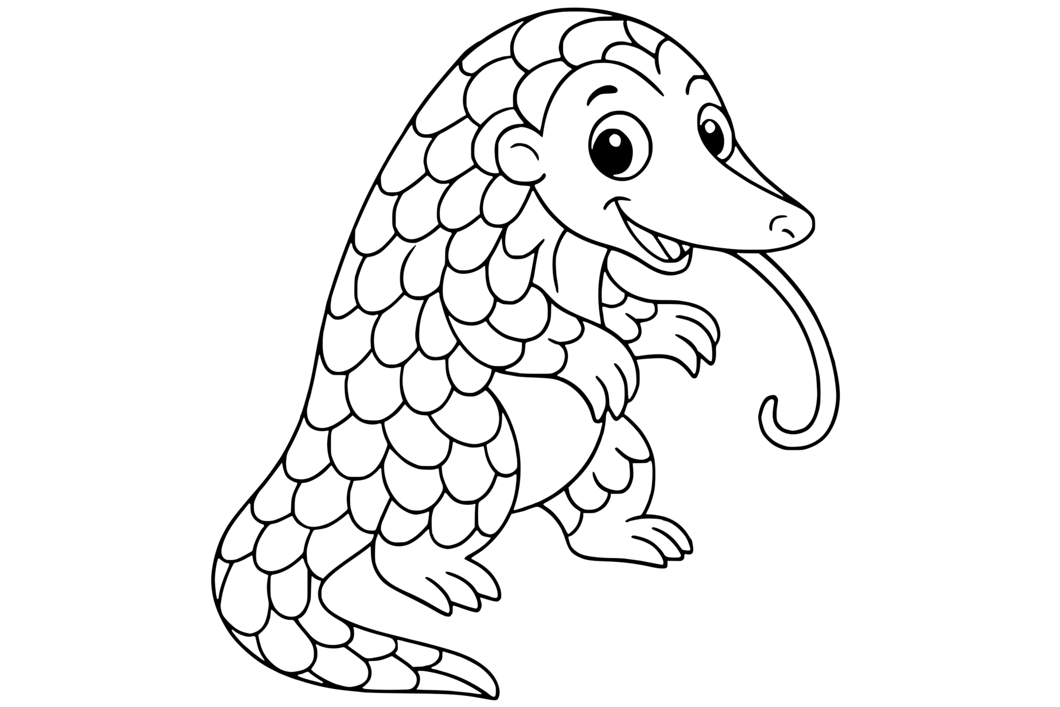 Pangolin with large eyes, overlapping scales, curved claws, a long tail, and a curled tongue.