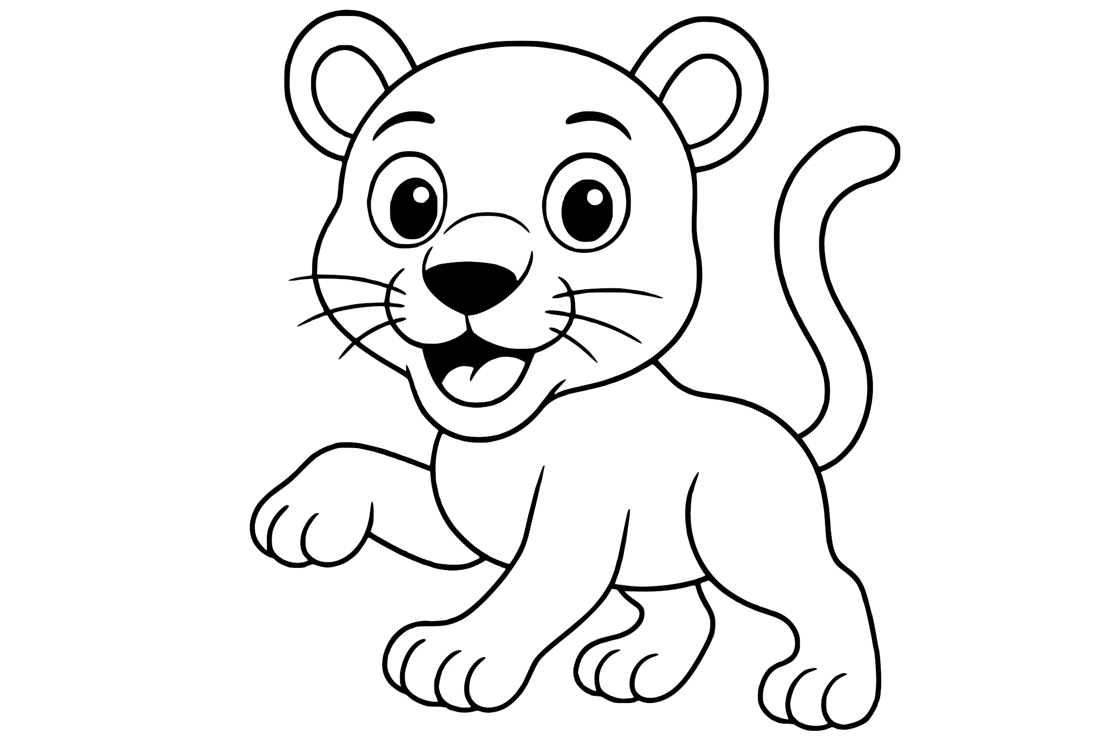 Panther cub with round ears, big eyes, a long tail, and one paw raised.