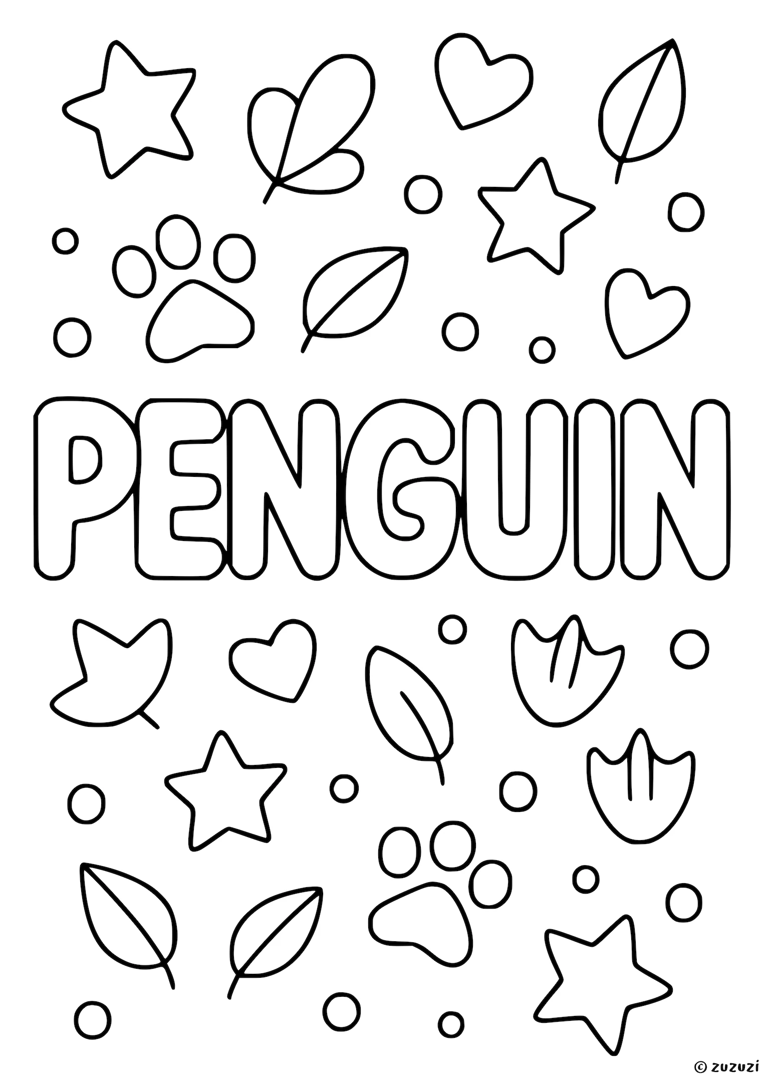Coloring page of the word Penguin in big bubble letters, surrounded by paw prints, flipper prints, leaves, stars, hearts, and dots.