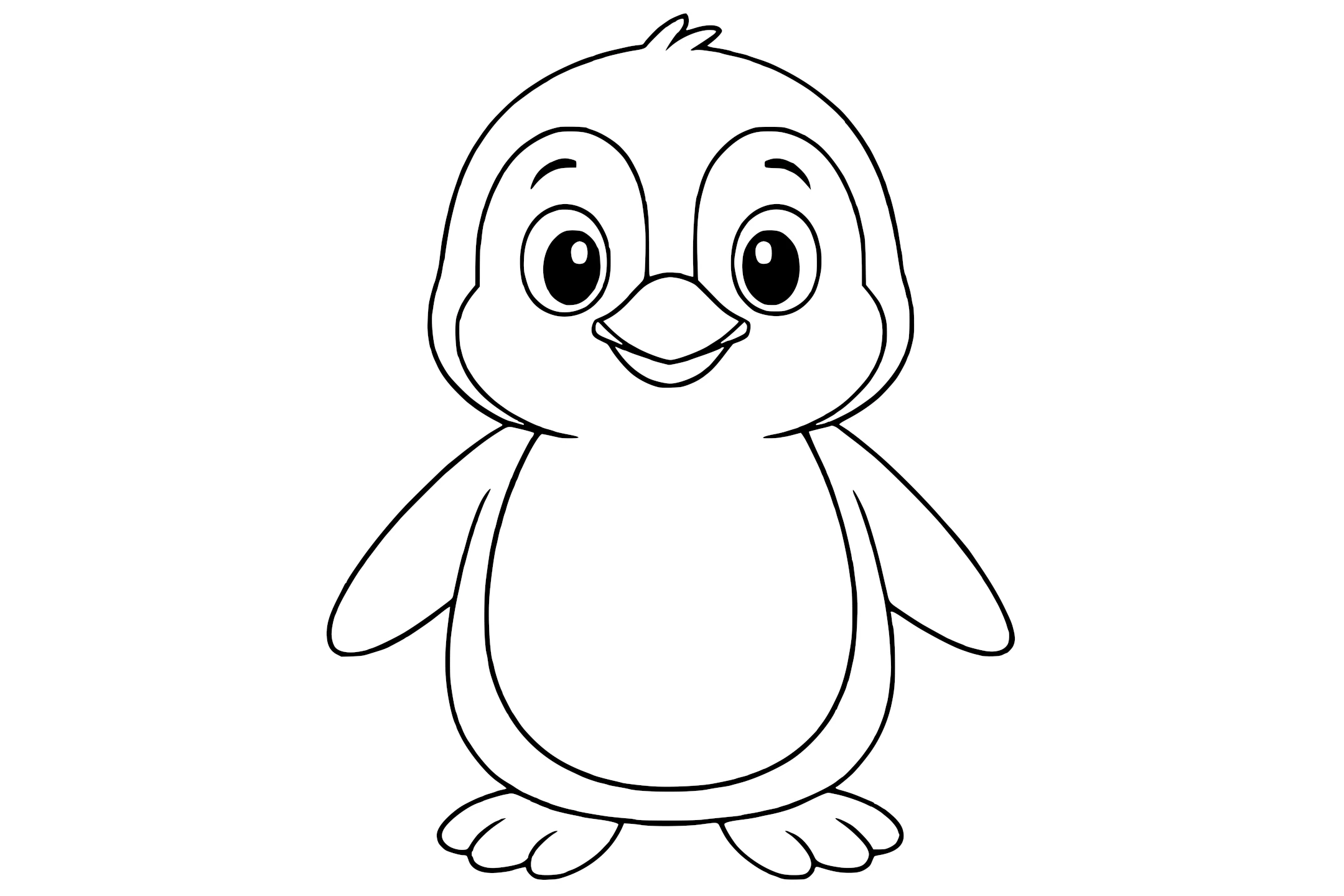 Penguin with big eyes, flippers raised, and webbed feet in a dancing pose.