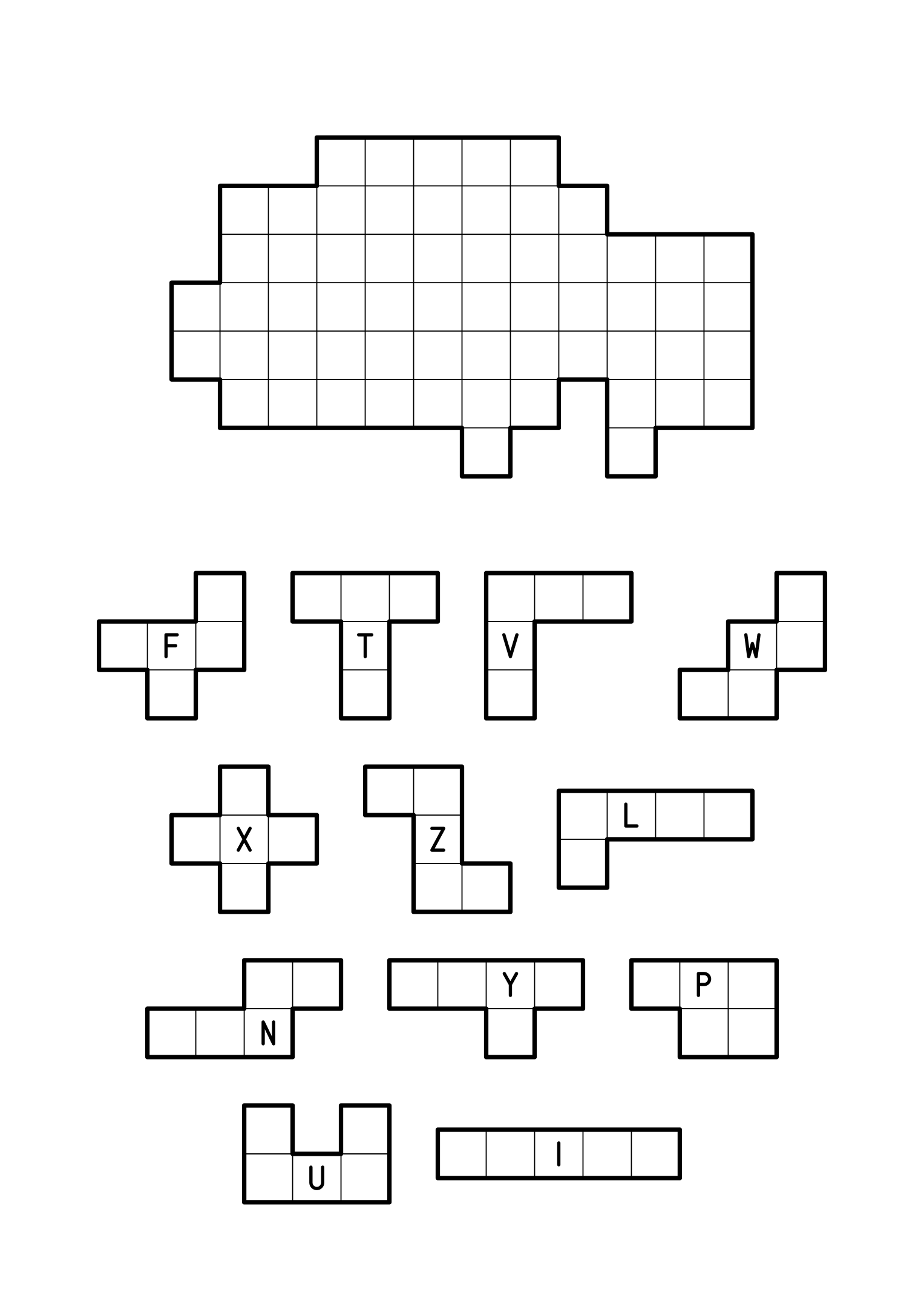 The full set of twelve pentominoes to cut out for a large free shape. Sheet 1.