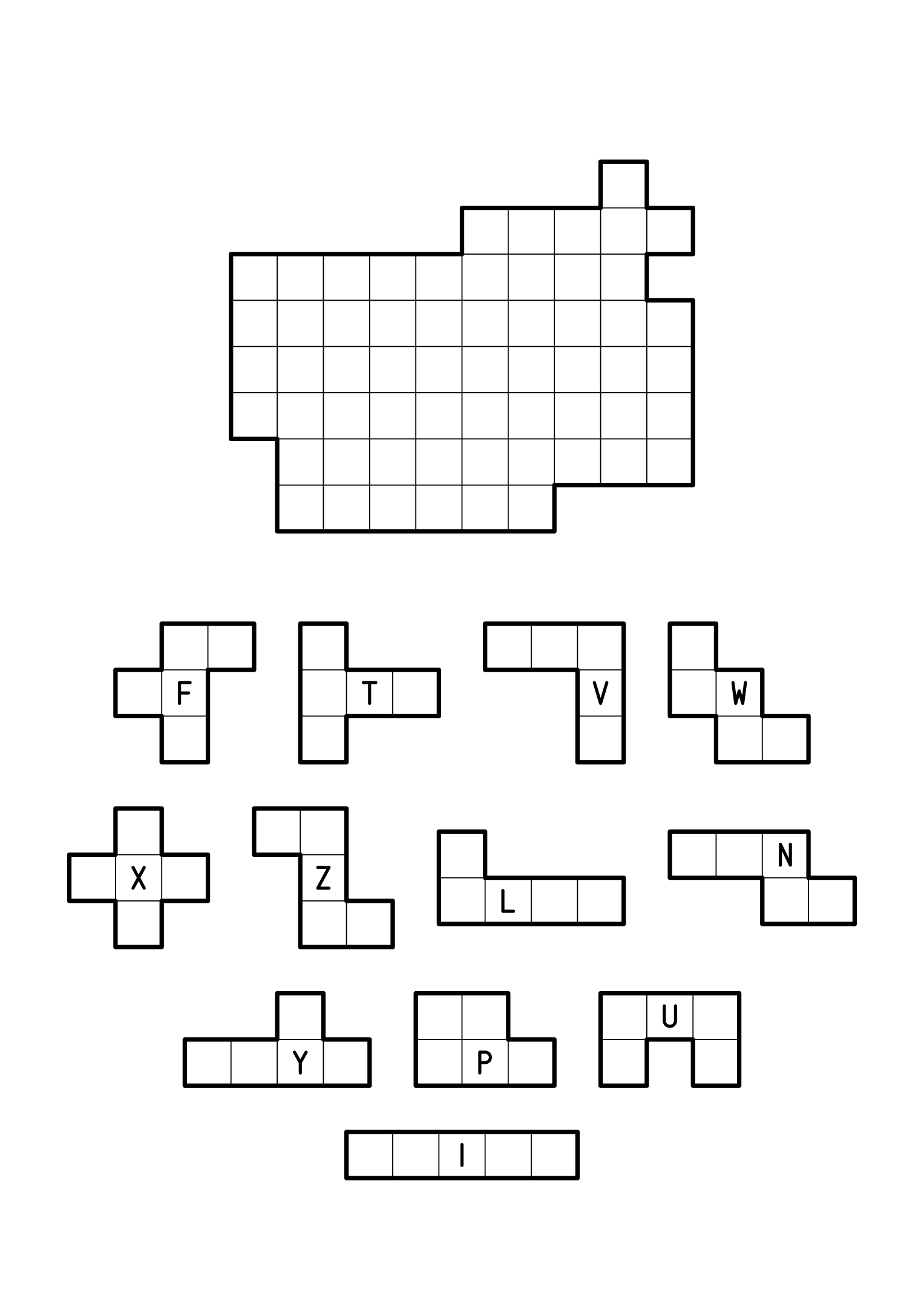 The full set of twelve pentominoes to cut out for a large free shape. Sheet 2.