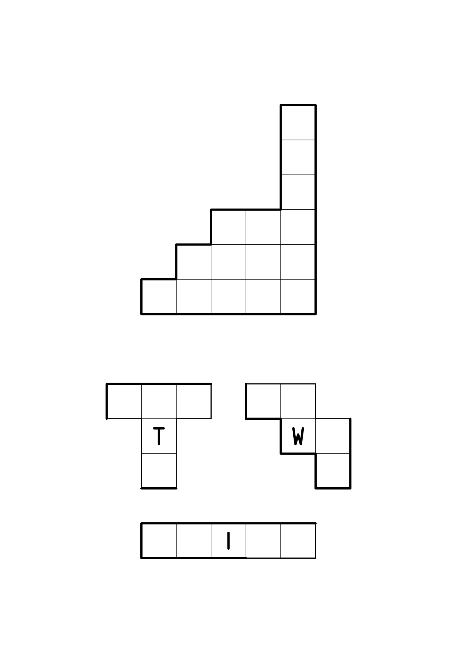 A free shape for three pentominoes, with thick lines marking the sides of each piece on its border. Sheet 1.