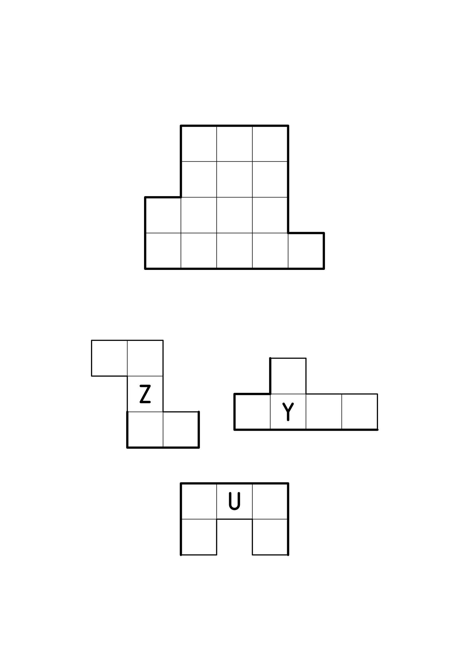 A free shape for three pentominoes, with thick lines marking the sides of each piece on its border. Sheet 2.