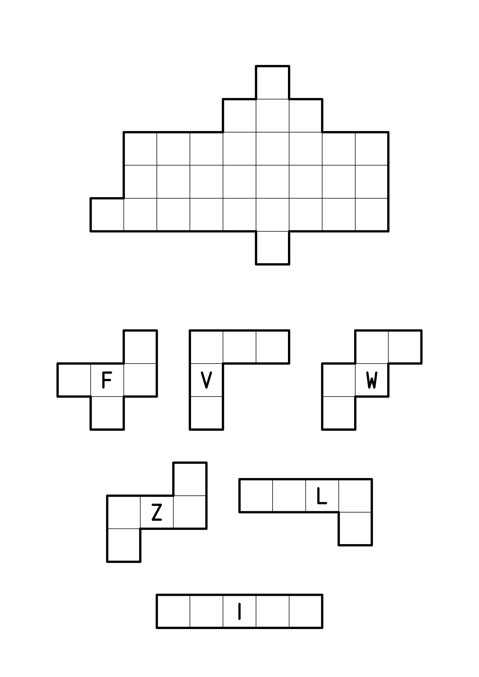 Six pentominoes to cut out and assemble into the free shape drawn above them. Sheet 1.