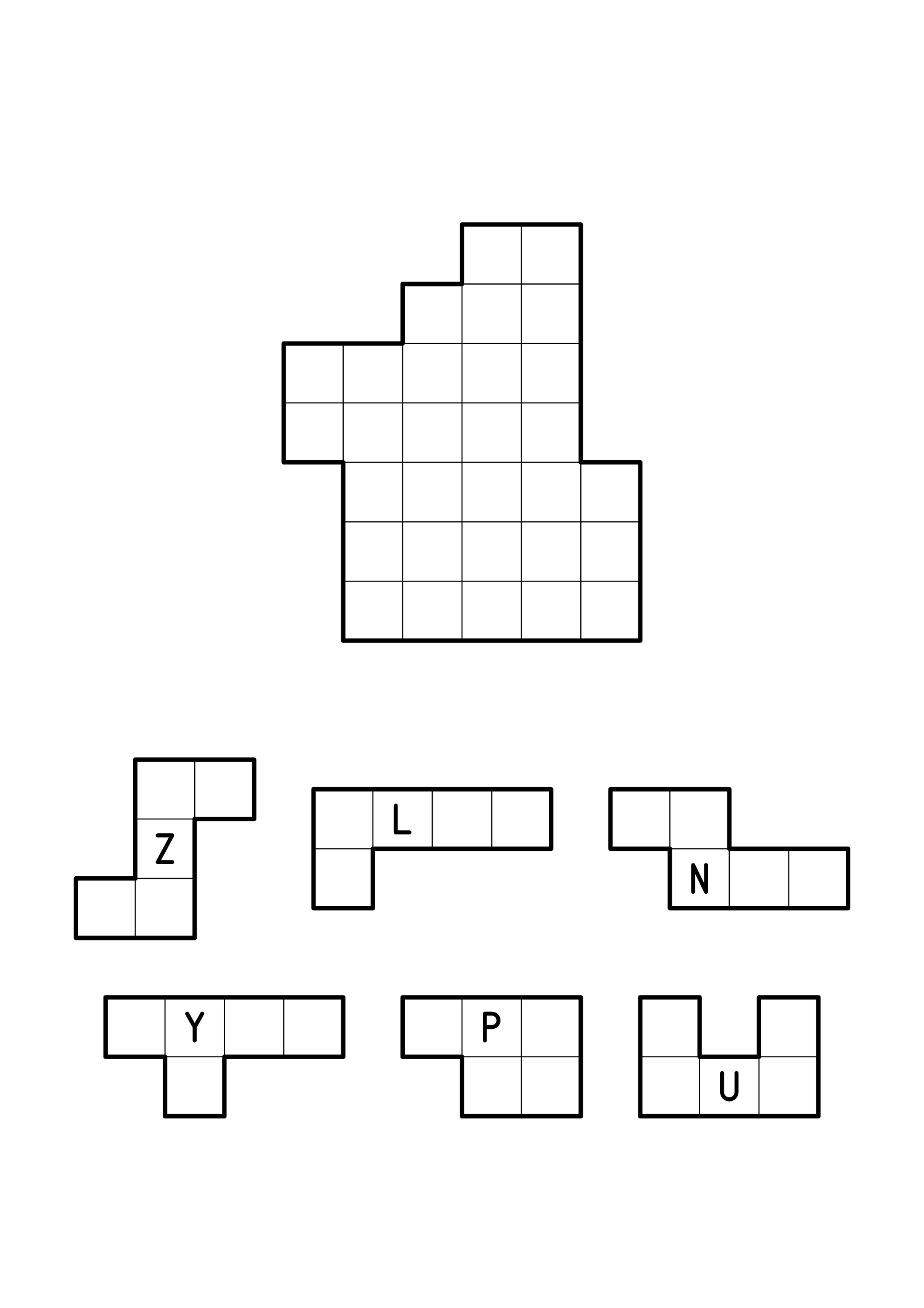 Six pentominoes to cut out and assemble into the free shape drawn above them. Sheet 2.