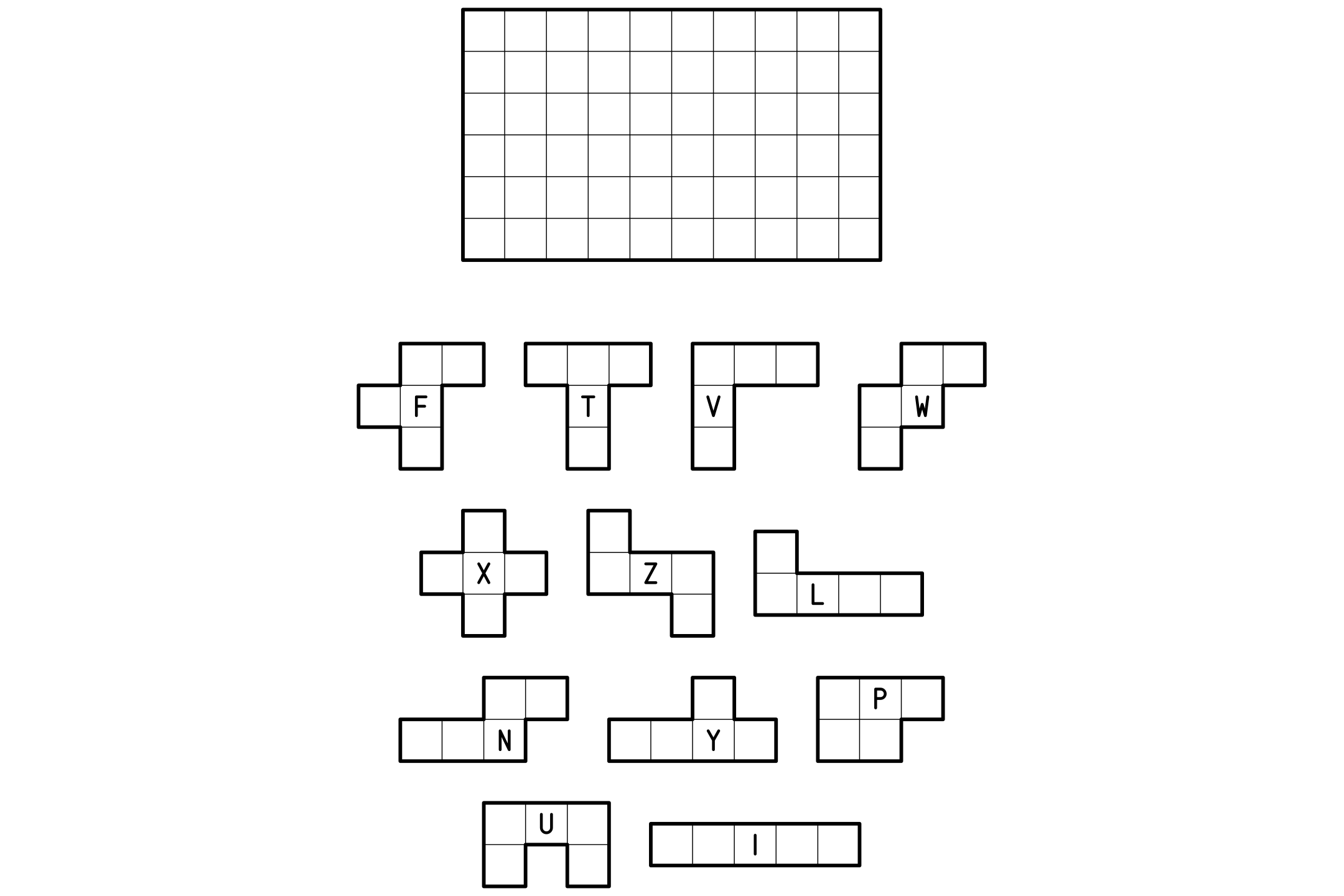 A pentomino puzzle sheet: a rectangle to fill at the top and the twelve lettered pieces to cut out below.