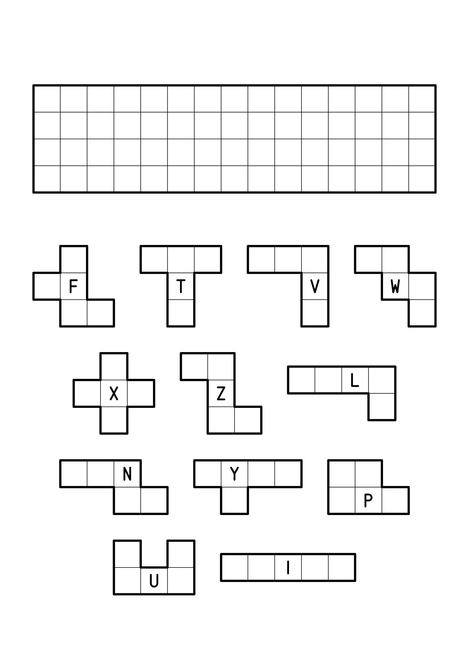 All twelve pentominoes, F to Z, to cut out and fit into a 4 by 15 rectangle. Sheet 1.