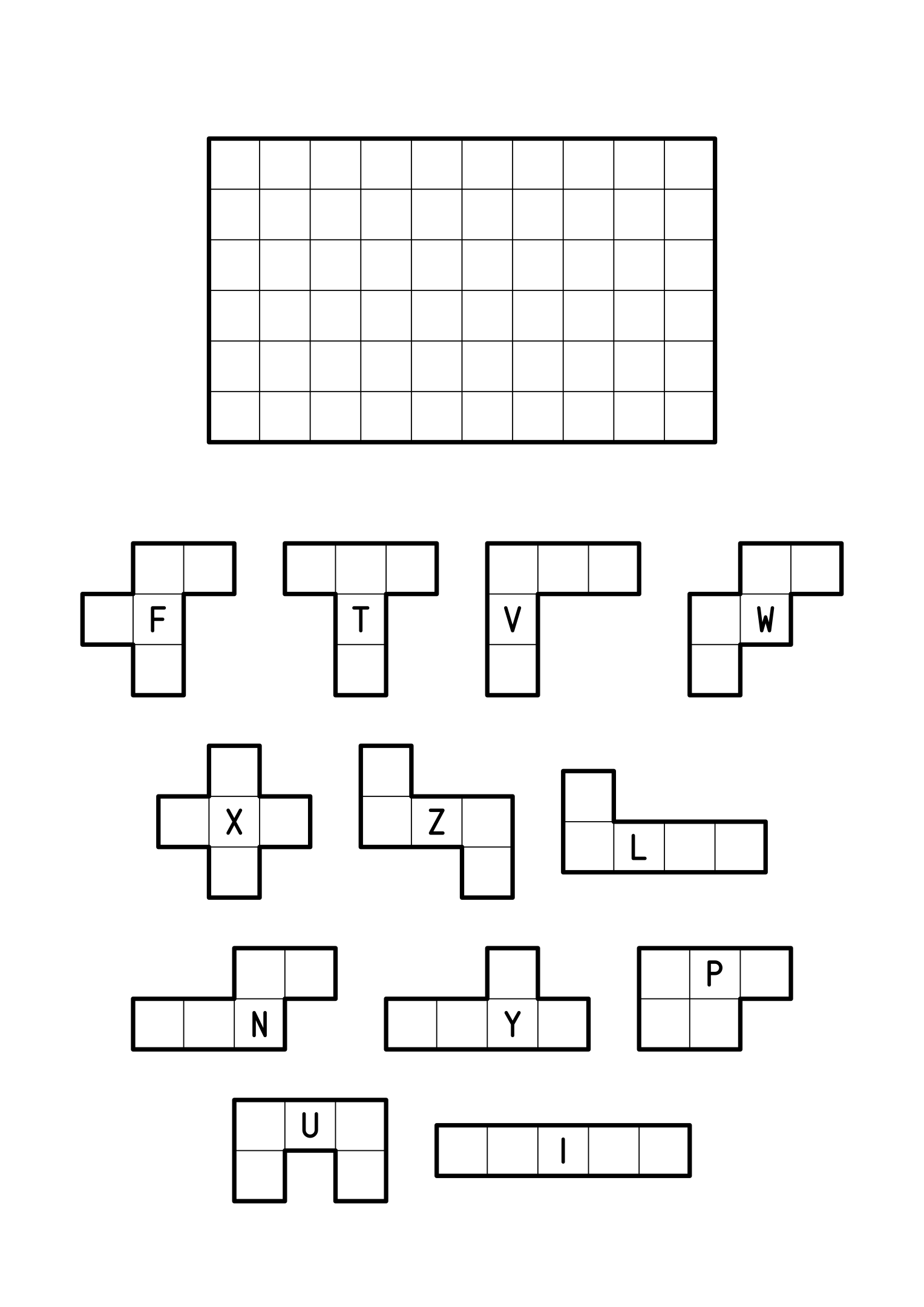 All twelve pentominoes, F to Z, to cut out and fit into a 6 by 10 rectangle. Sheet 2.