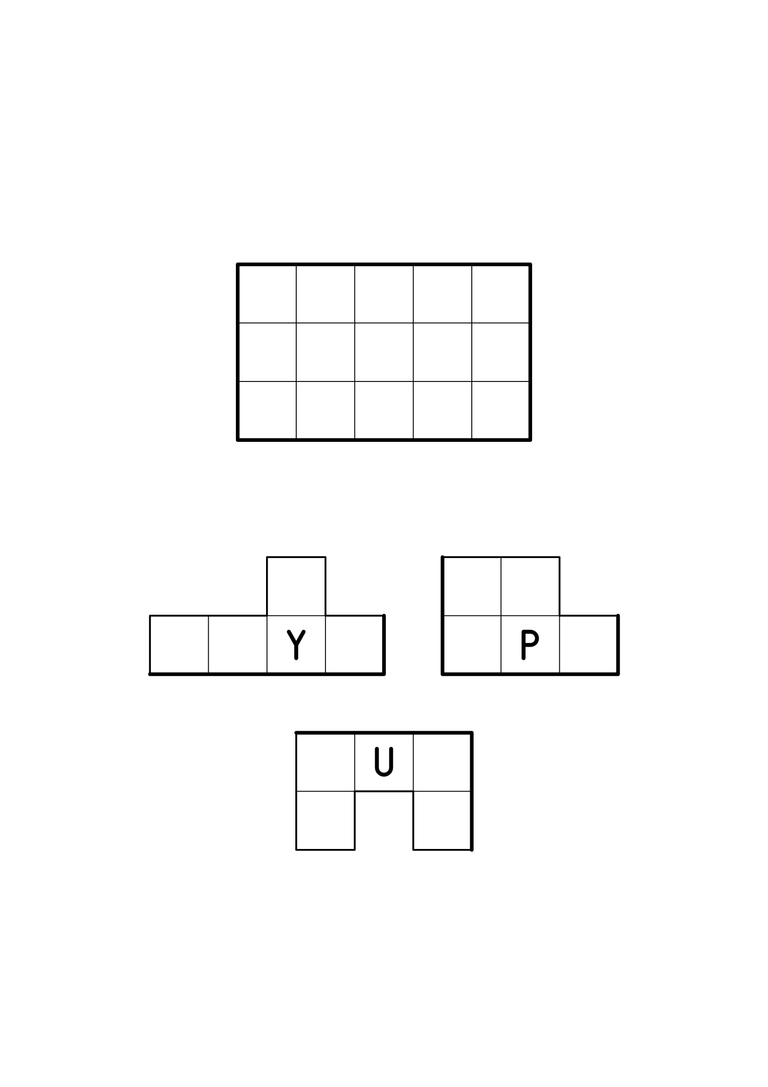 Three pentominoes to cut out and fit into a 3 by 5 rectangle, their border sides drawn thick. Sheet 1.