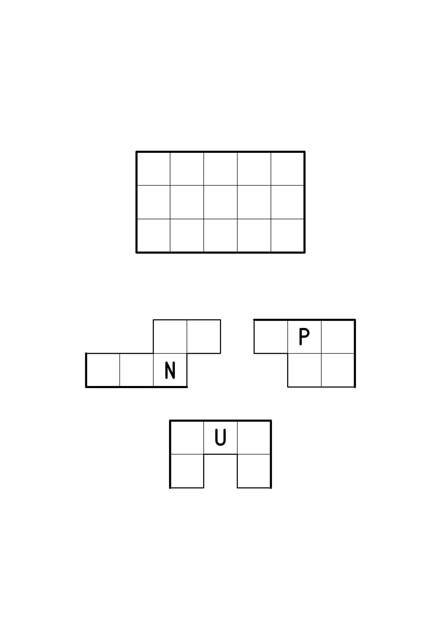 Three pentominoes to cut out and fit into a 3 by 5 rectangle, their border sides drawn thick. Sheet 2.