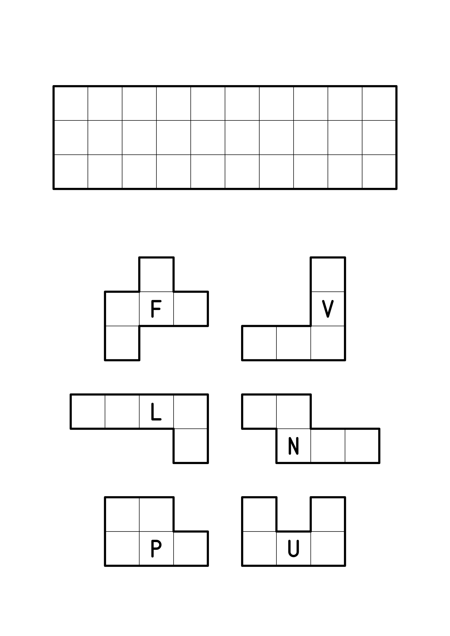 Six pentominoes to cut out and fit into a 3 by 10 rectangle, every square covered once. Sheet 1.