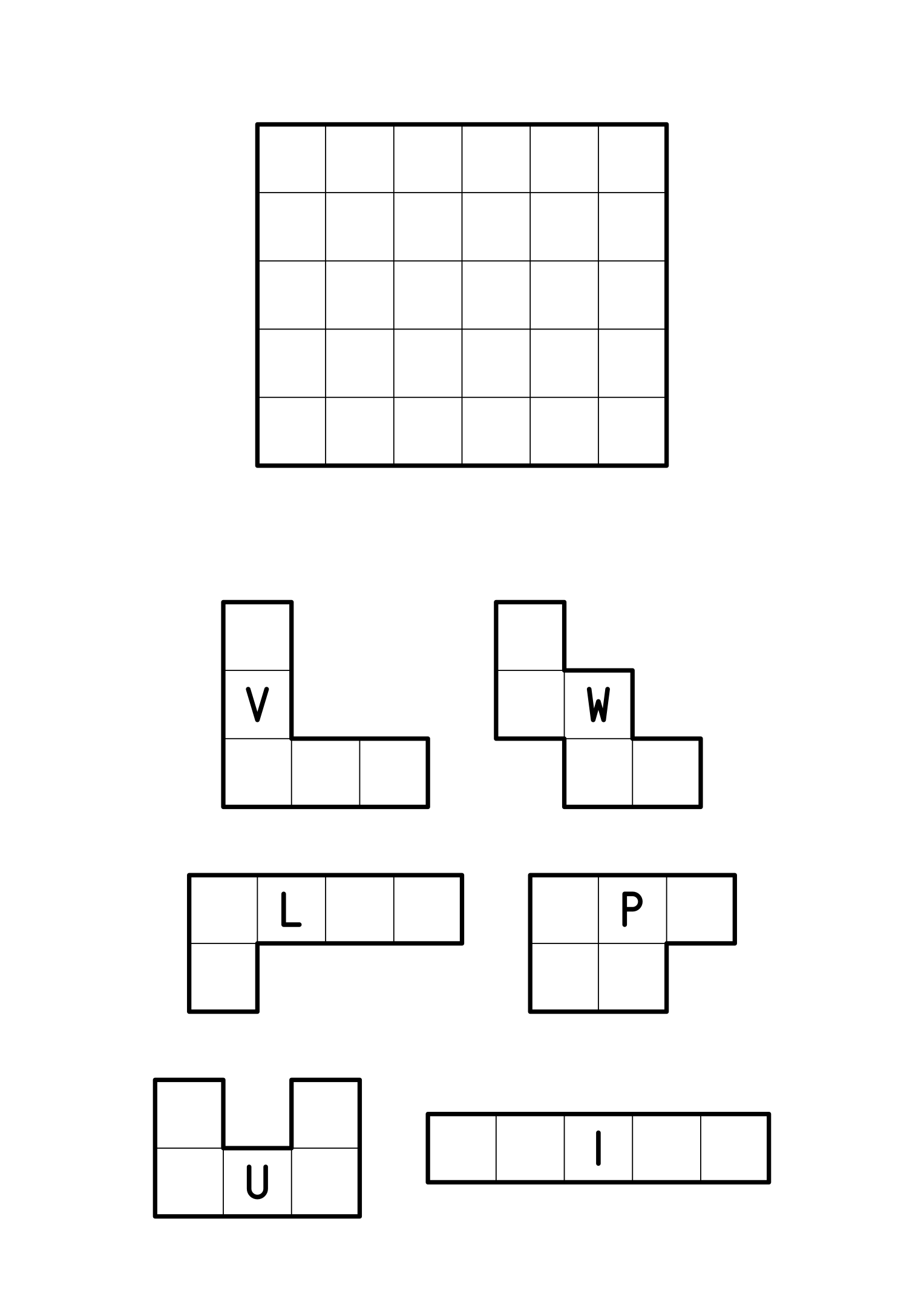 Six pentominoes to cut out and fit into a 5 by 6 rectangle, every square covered once. Sheet 2.
