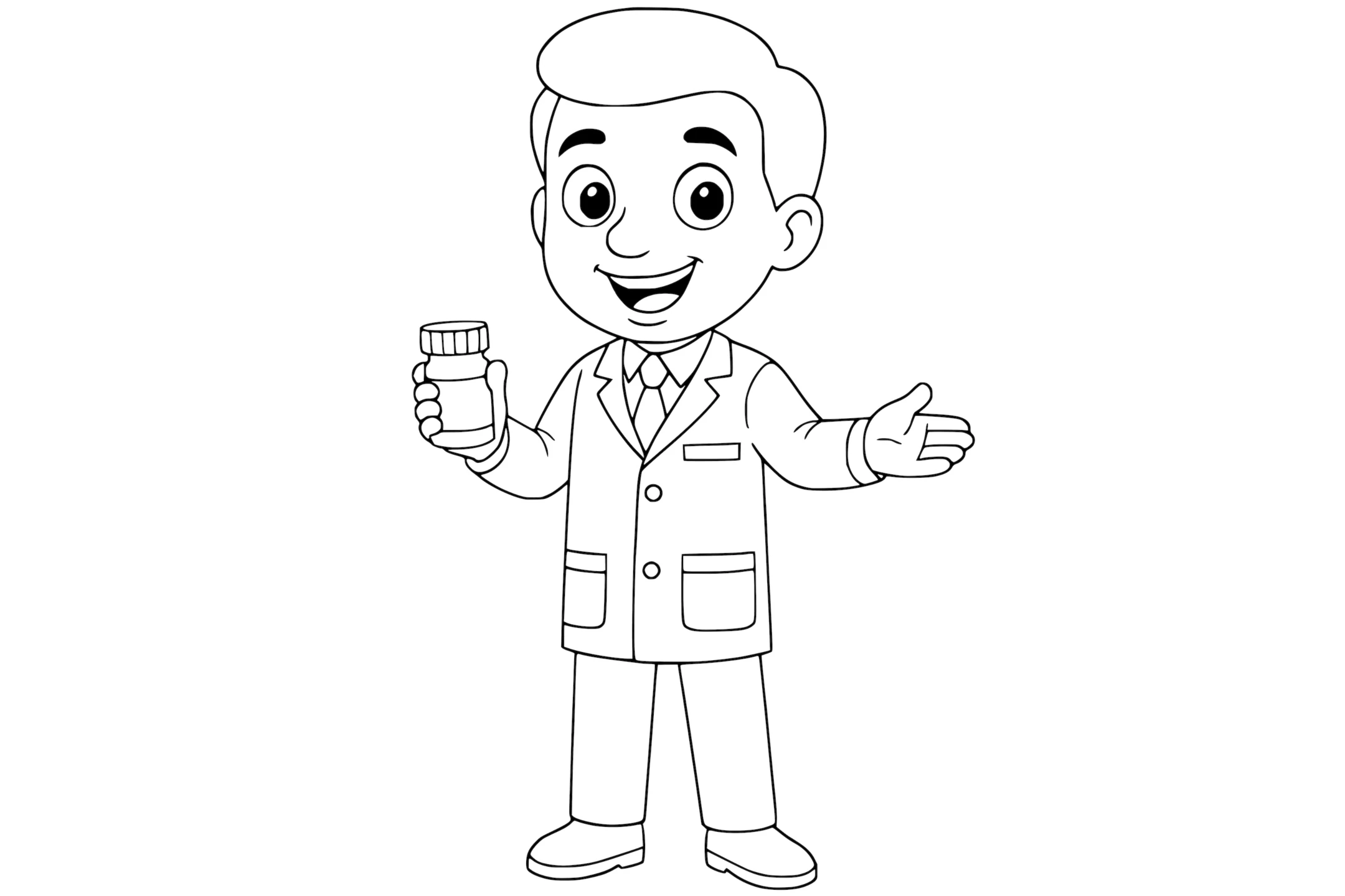 Pharmacist smiling in a lab coat and tie, holding a medicine bottle in one hand and gesturing with the other.