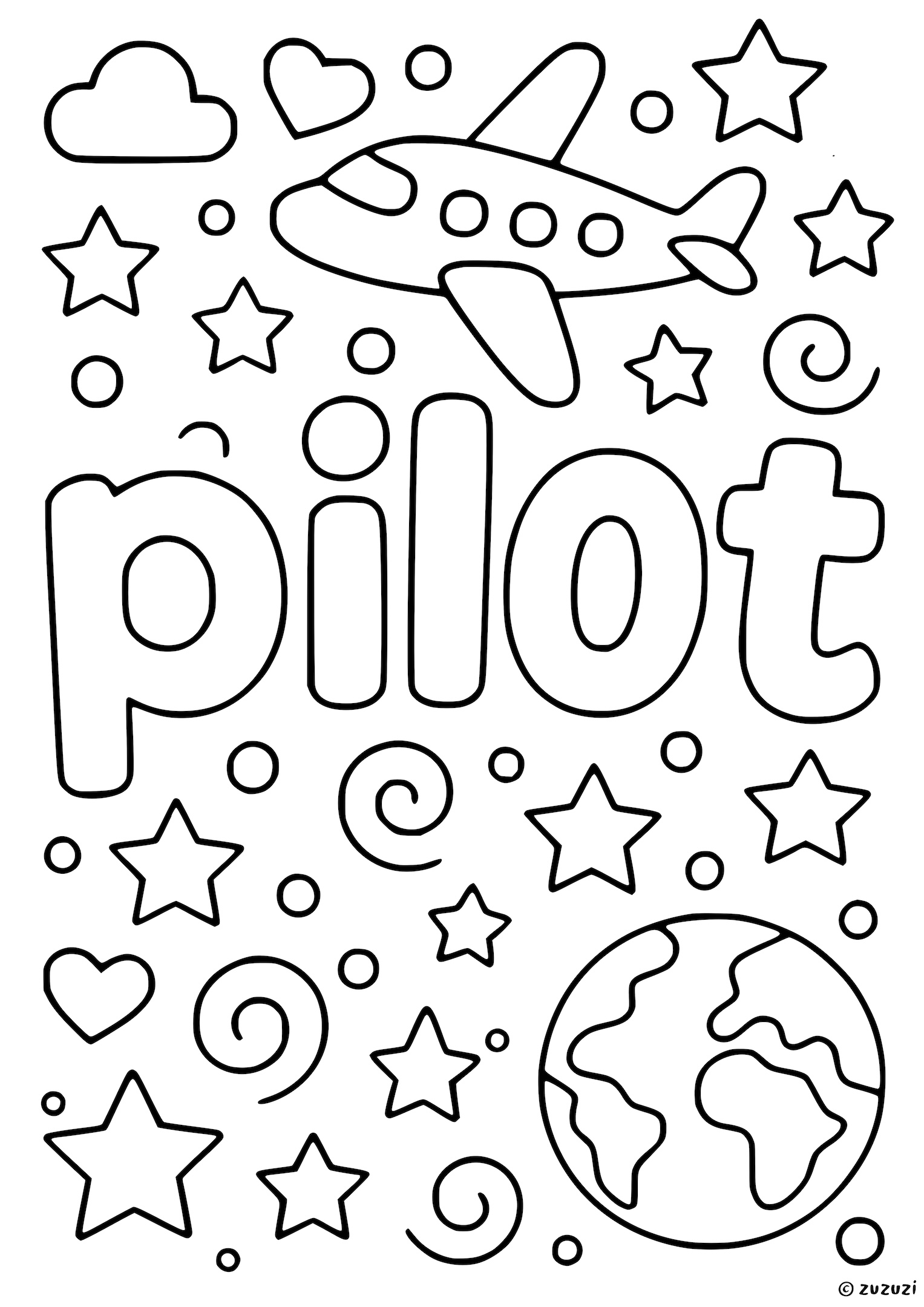 Coloring page with the word 'Pilot' in bubble letters, surrounded by stars, a globe, clouds, and an airplane.