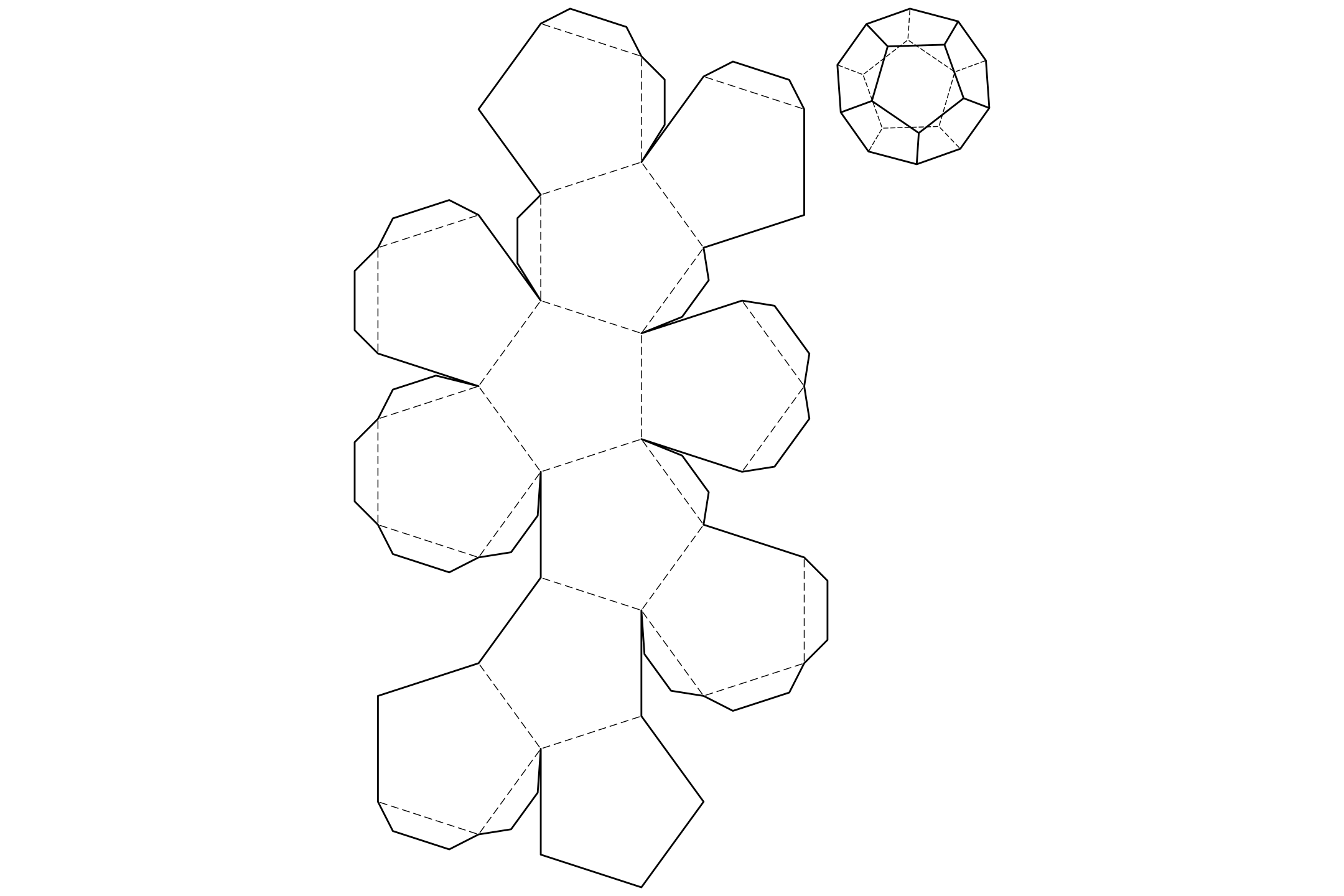 Twelve pentagons laid out as the net of a dodecahedron, with glue tabs and a sketch of the closed solid.