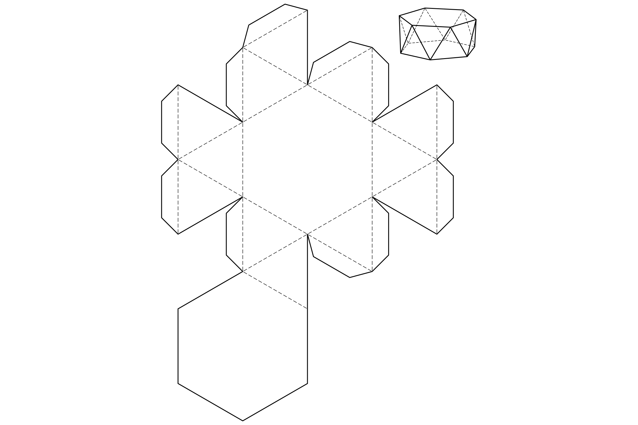 The net of a hexagonal antiprism, two hexagons and a band of triangles, with the folded solid drawn in the corner.