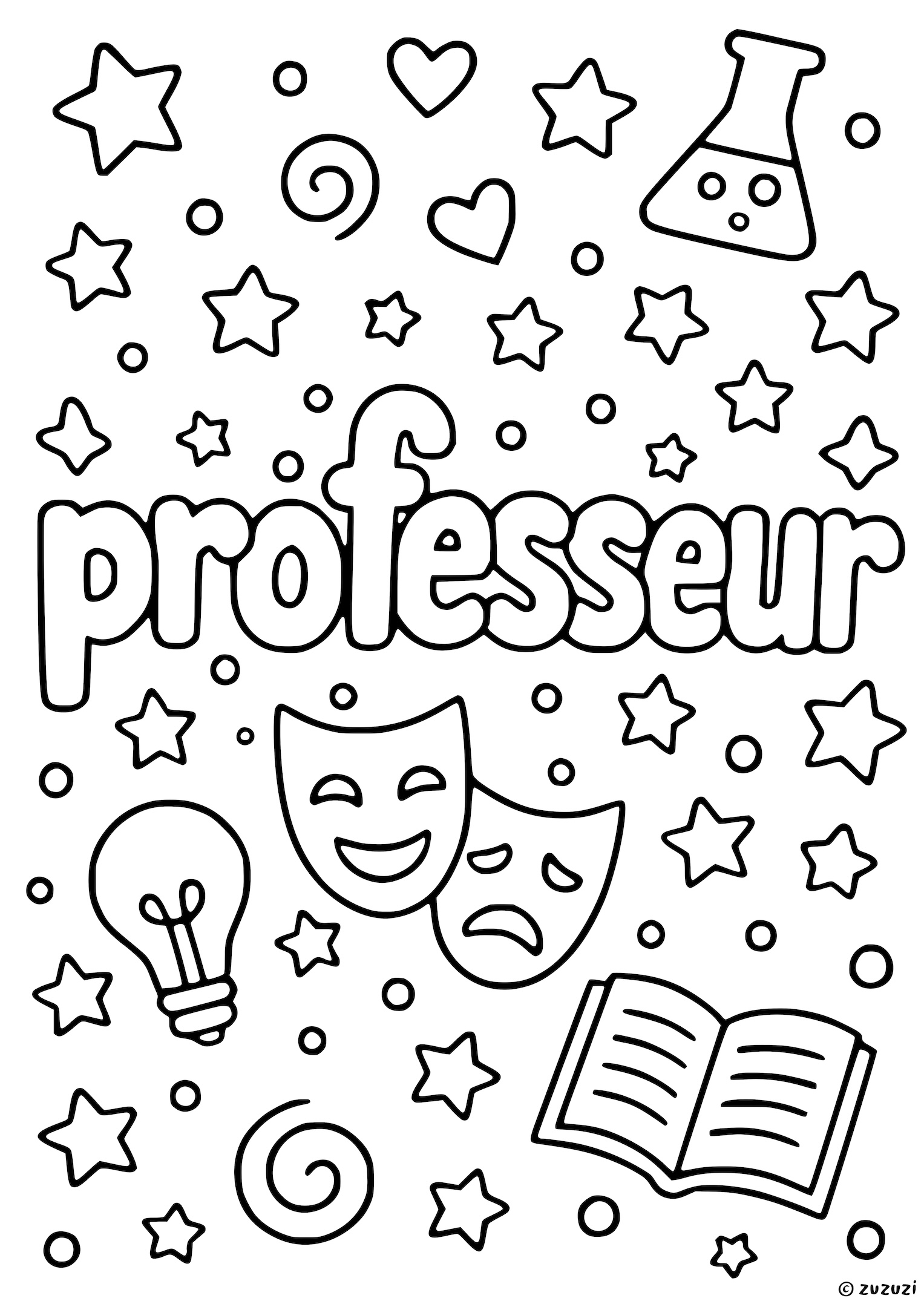 Coloring page with the word 'Professeur' in bubble letters, surrounded by icons like a light bulb, book, theater masks, and stars.
