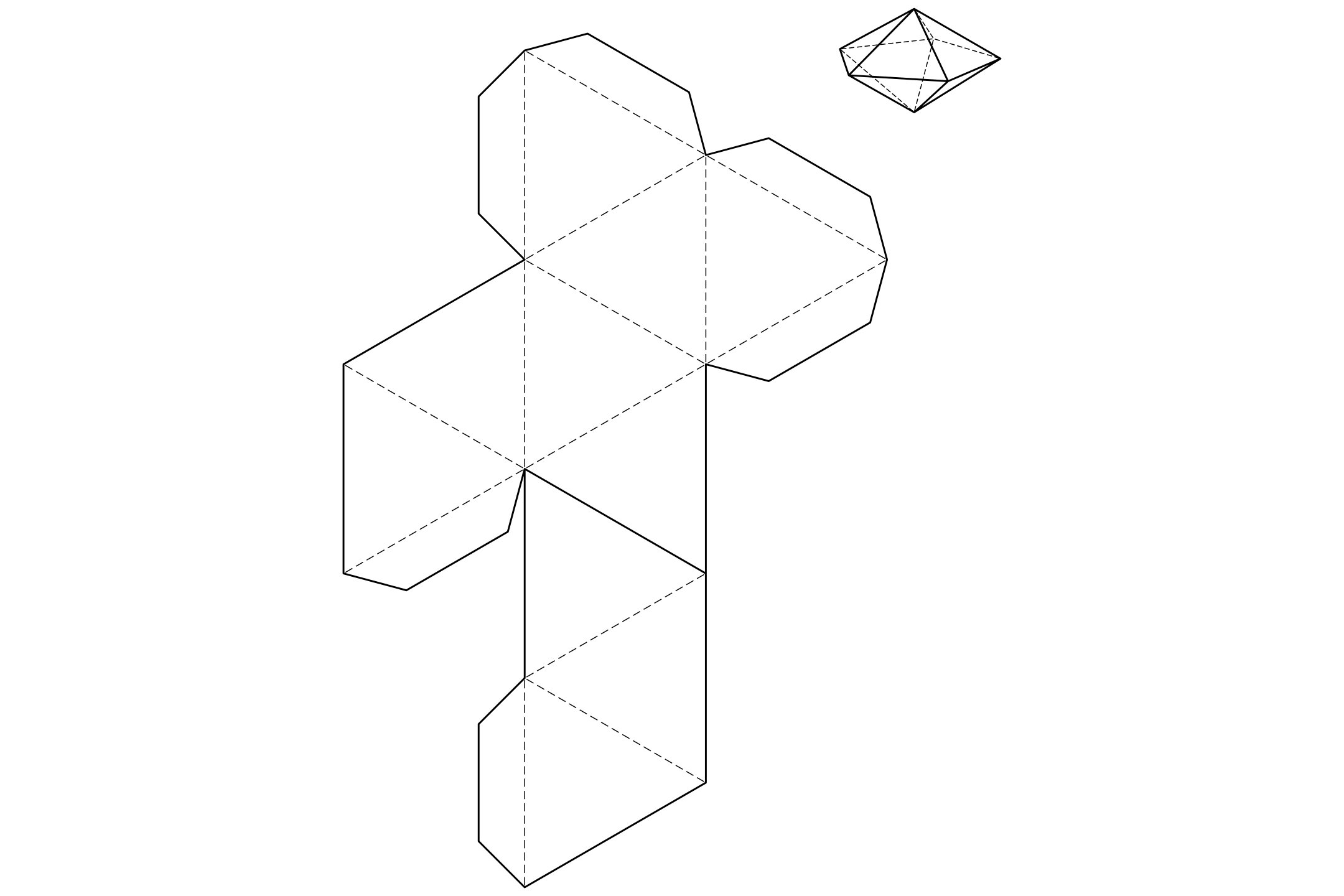 The net of a pentagonal bipyramid made of ten triangles, with the folded solid drawn beside it.