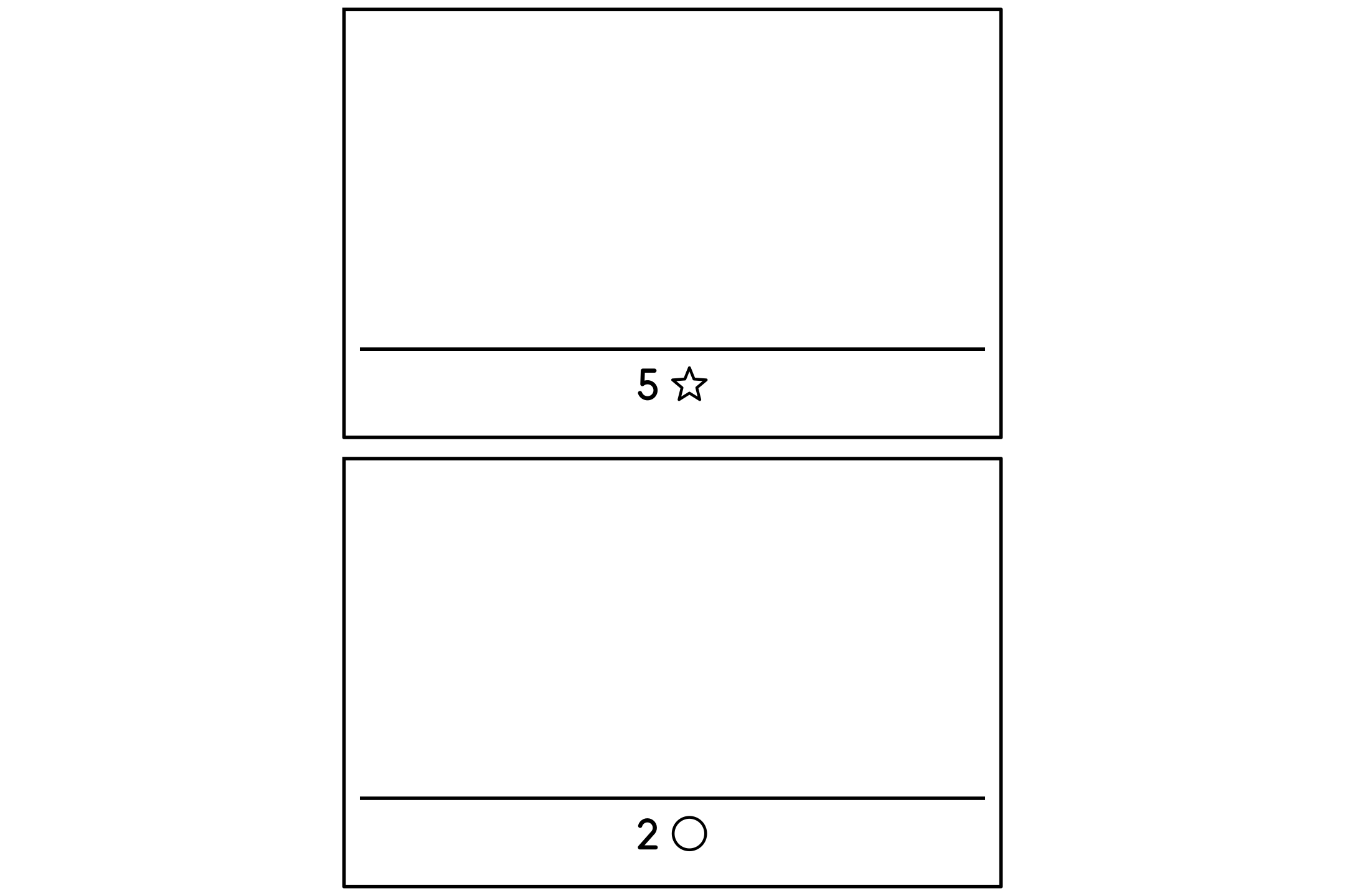 A worksheet of empty frames, each with a number from 1 to 5 and a shape to draw under its shelf.